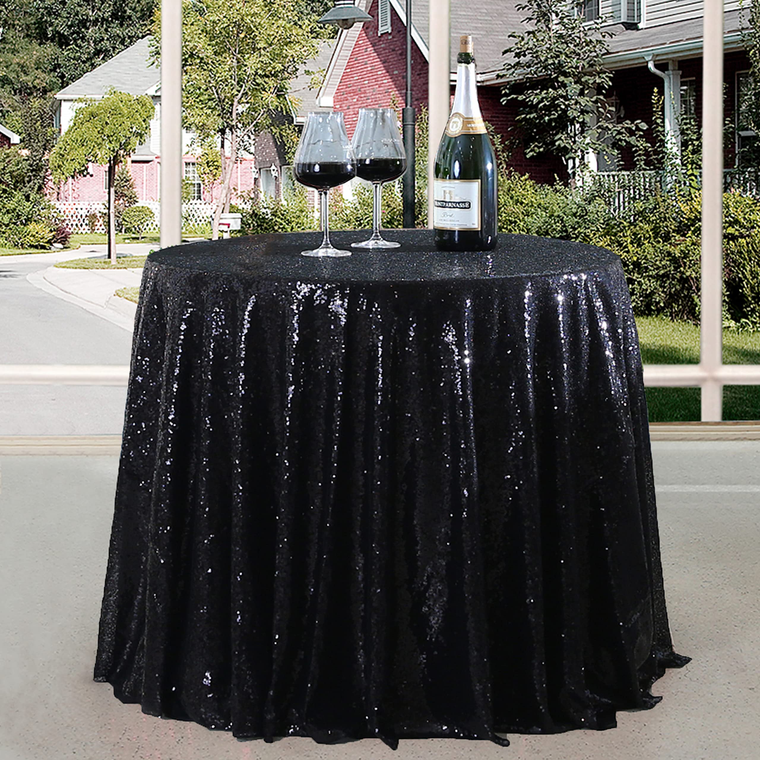 Fyledaee Black Round Sequin Tablecloths For Parties,48 Inch Glitter Table Cover Fitted Small Cute Sweet Table For Wedding Birthd