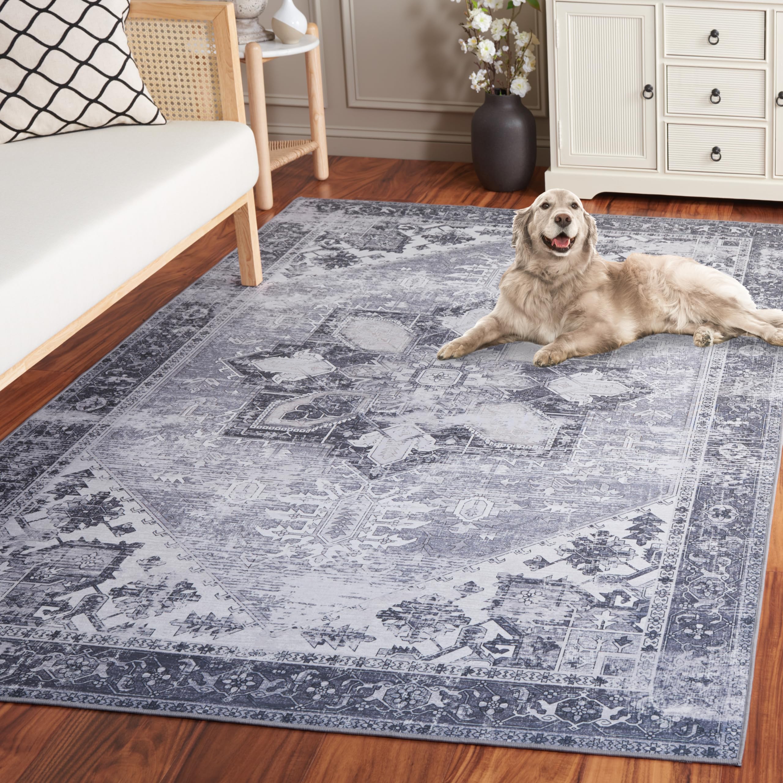 SAFAVIEH Washable Rug Tucson Collection - 8 x 10, Grey, Slip Resistant, Ideal for High Traffic Areas in Living Room, Bedroom, 