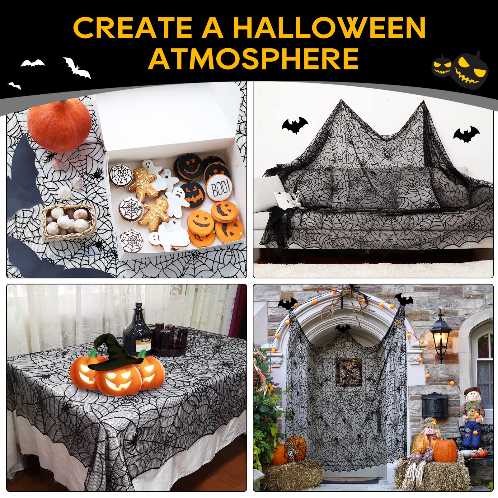 Ezakka Halloween Table Cloth, 60''X104'' Spider Webs Tablecloths Black Tablecloth Lace Fabric Table Cloths Spooky Table Cover Fo