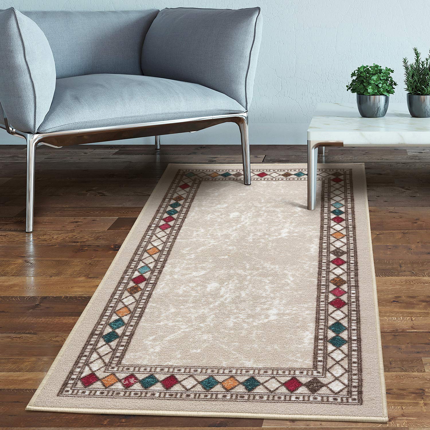 Antep Rugs Alfombras Modern Bordered 2x4 Non-Skid (Non-Slip) Low Profile Pile Rubber Backing Kitchen Area Rugs (Beige, 23 x 4)