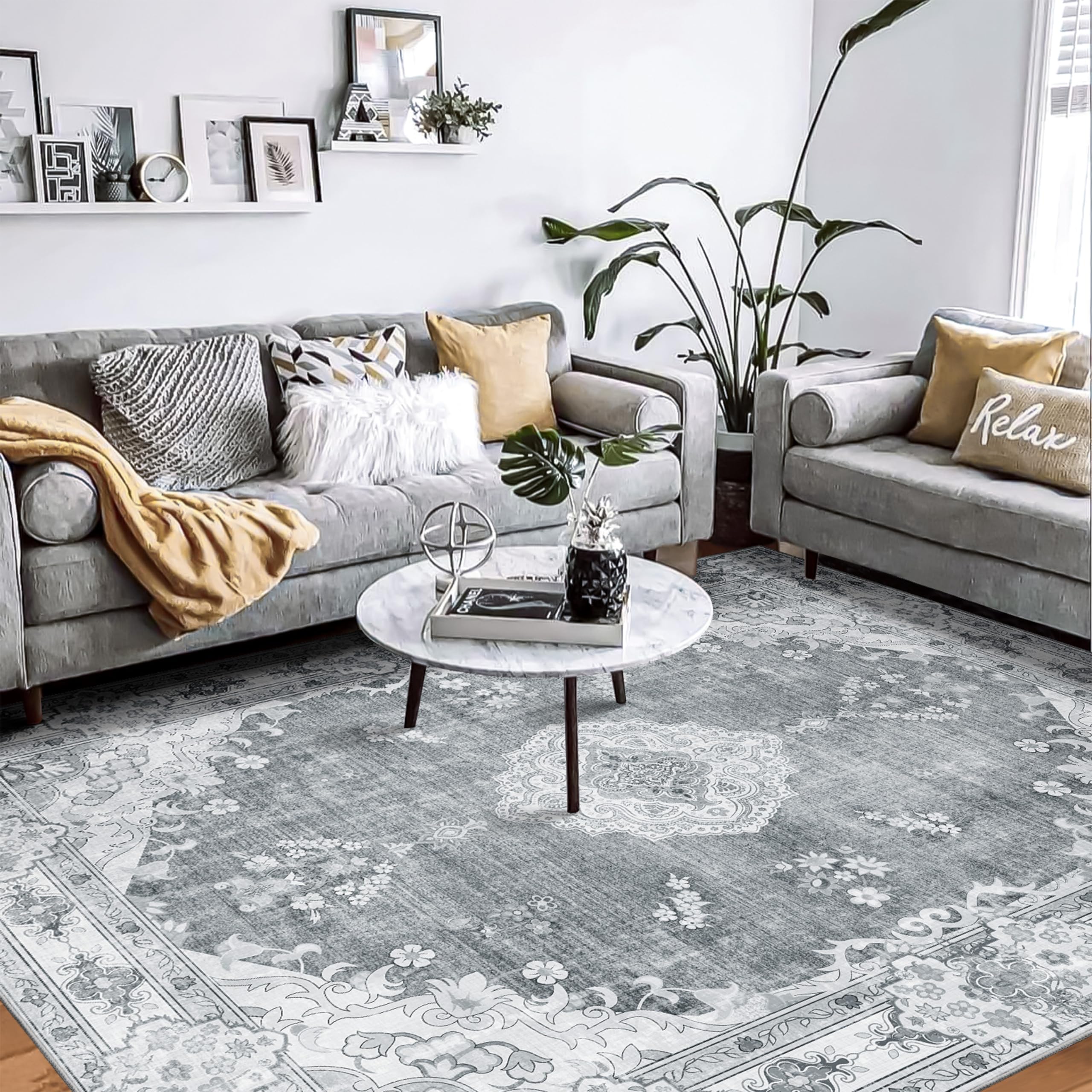 MUJOO Grey Rug 8x10 Area Rugs for Living Room Bedroom Dining Room,Large Washable Boho Bohemian Vintage Distressed Farmhouse No