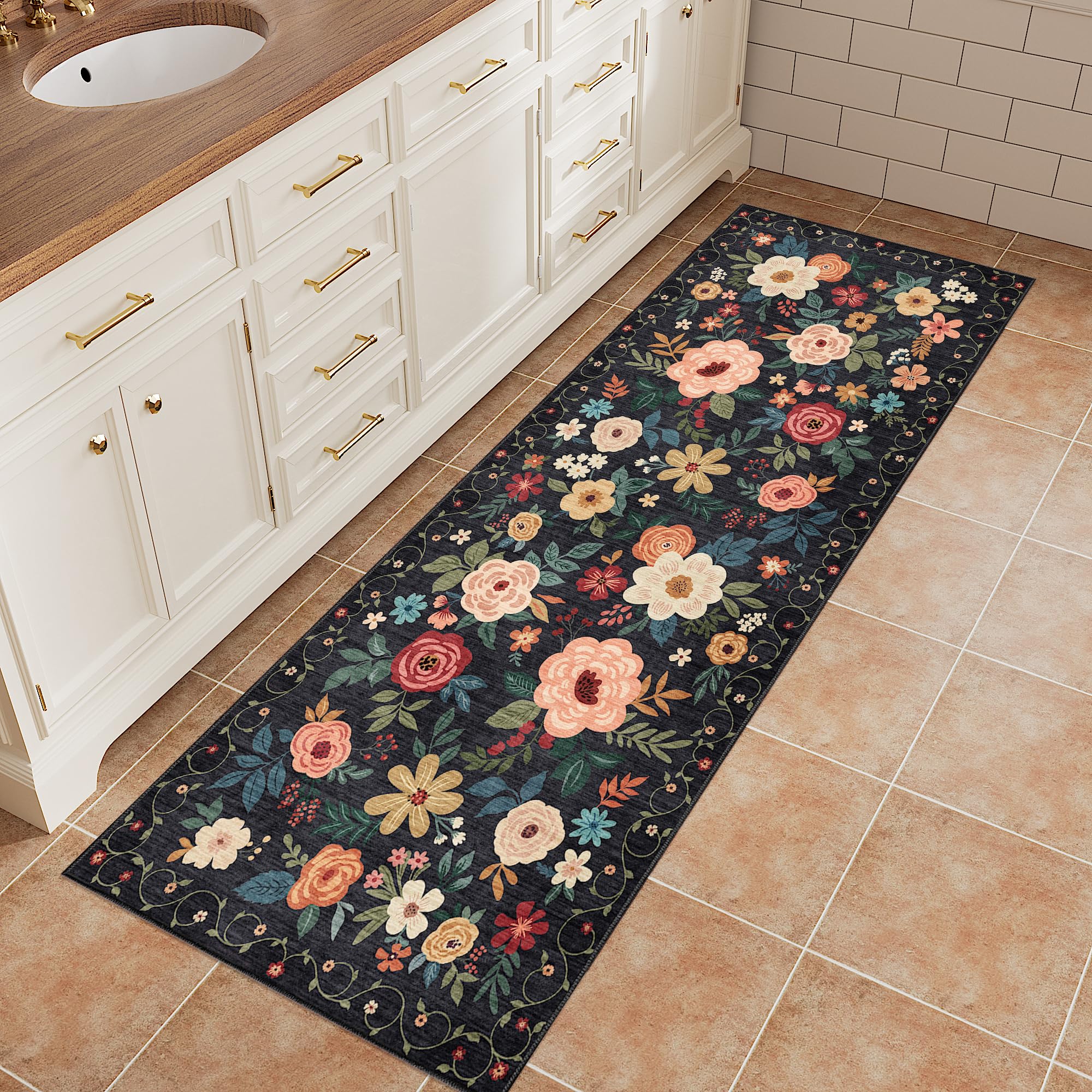 DUKINO 2x5 Runner Rug for Hallway, Washable Kitchen Floral Runner Rug with Non Slip Backing, Low Pile Soft Boho Carpet for Kitch