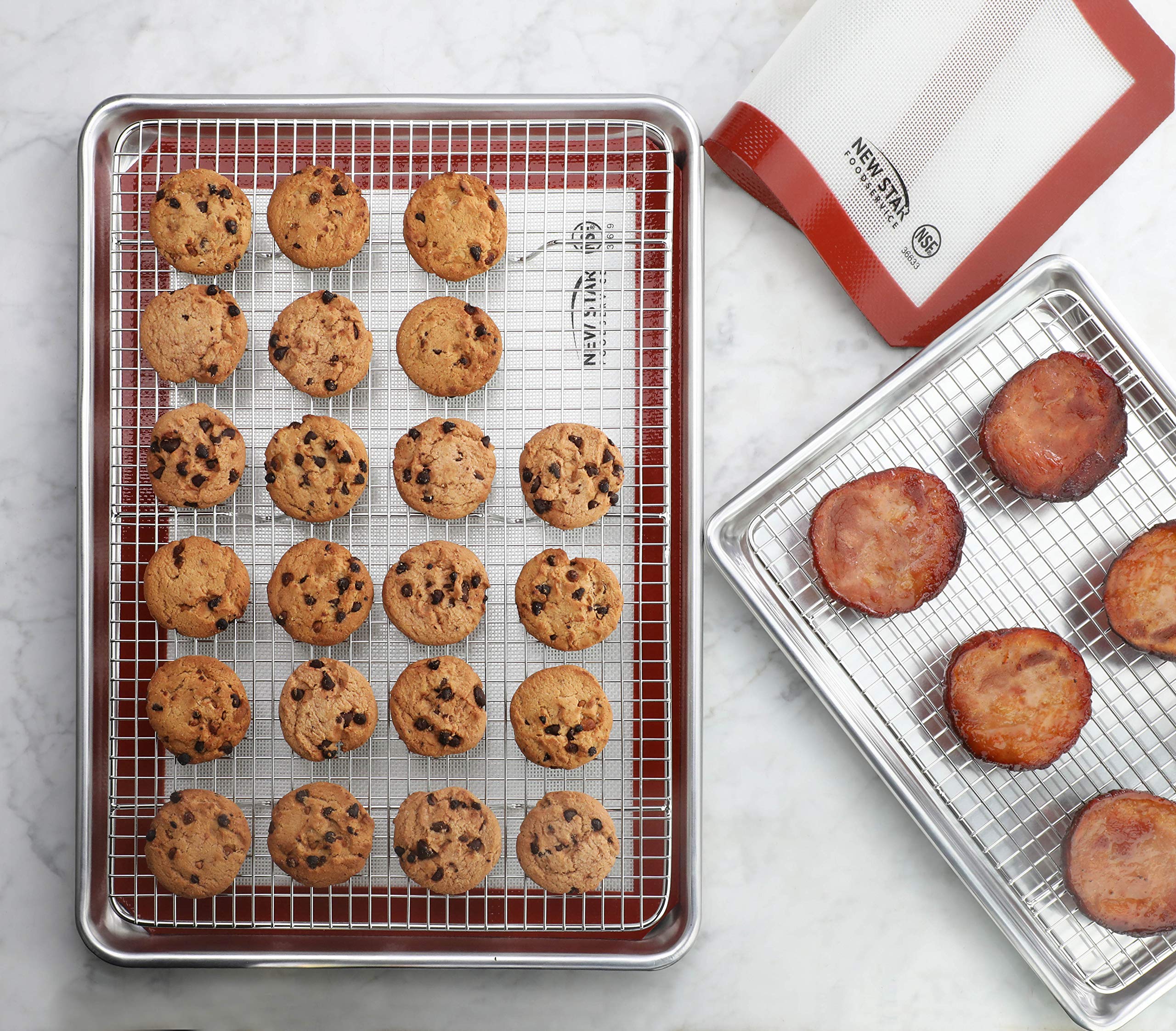 New Star Foodservice 1028751 Commercial-Grade Bun Pan/Baking Sheet, Baking Mat, Cooling Rack Combo, 1/4 And 1/2 Sizes Each