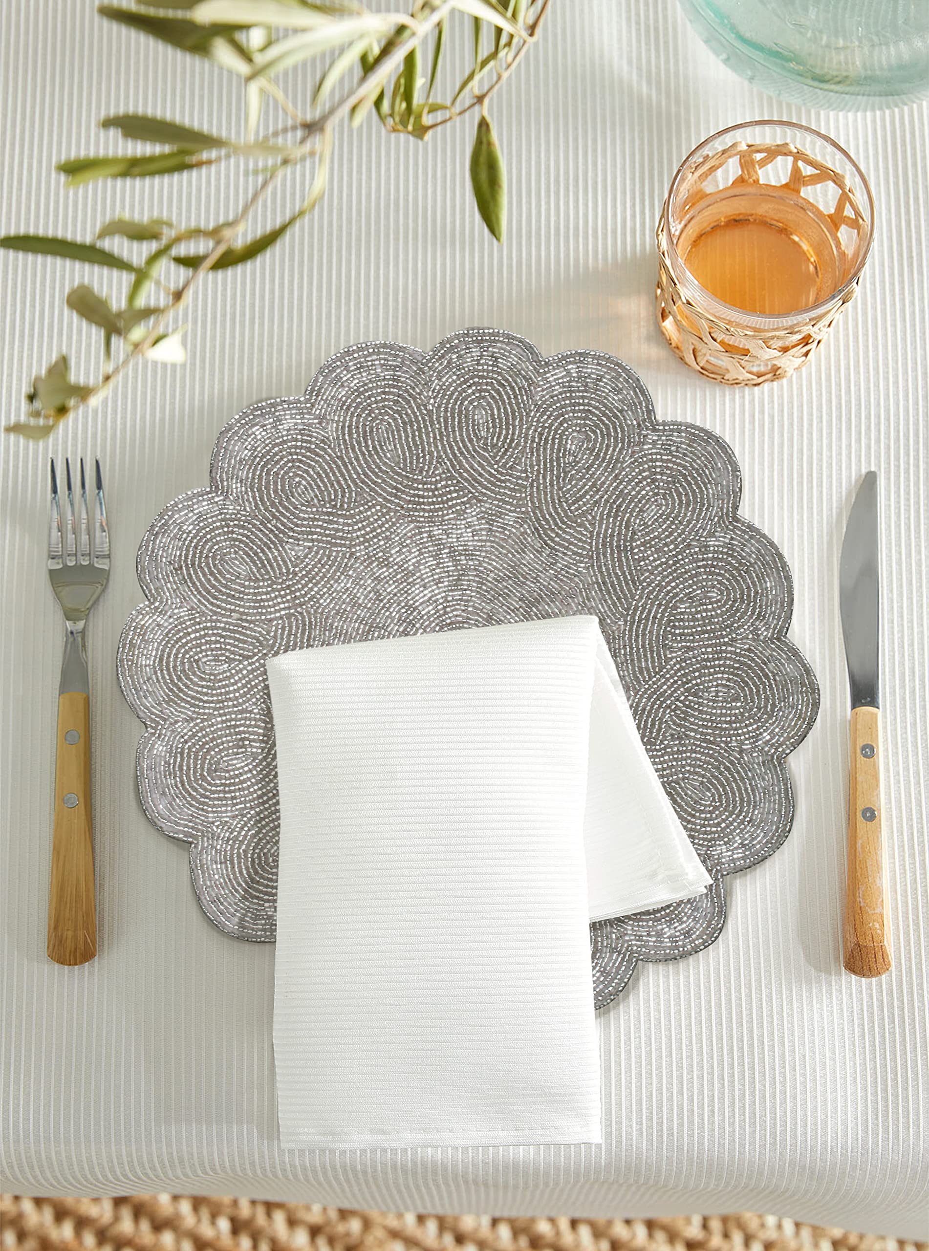 Lightnpro Christmas Beaded Placemat Silver, Scalloped Round Hand Beaded Charger Placemat, Thanksgiving Placemat - Silver - 13 In