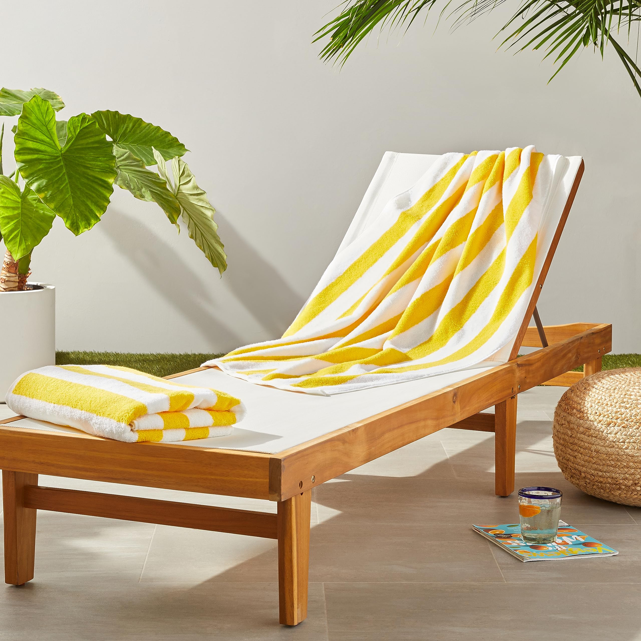 Amazon Basics 100% Cotton Terry Cabana Stripe Pool & Beach Towels, Soft & Absorbent, Large, 2-Pack, Yellow, 30 x 60