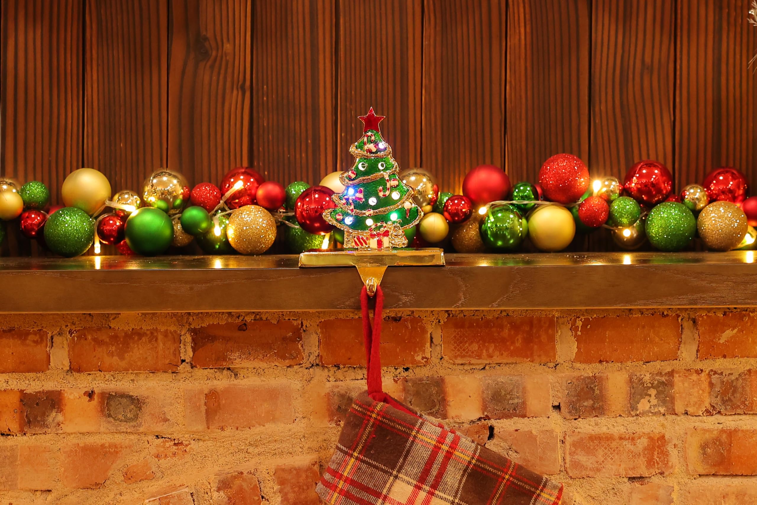 Amooca Christmas Stocking Holders Non-Slip Metal Hooks LED Lights Tree Decor Fireplace Mantle Stocking Hanger for Party Decorati