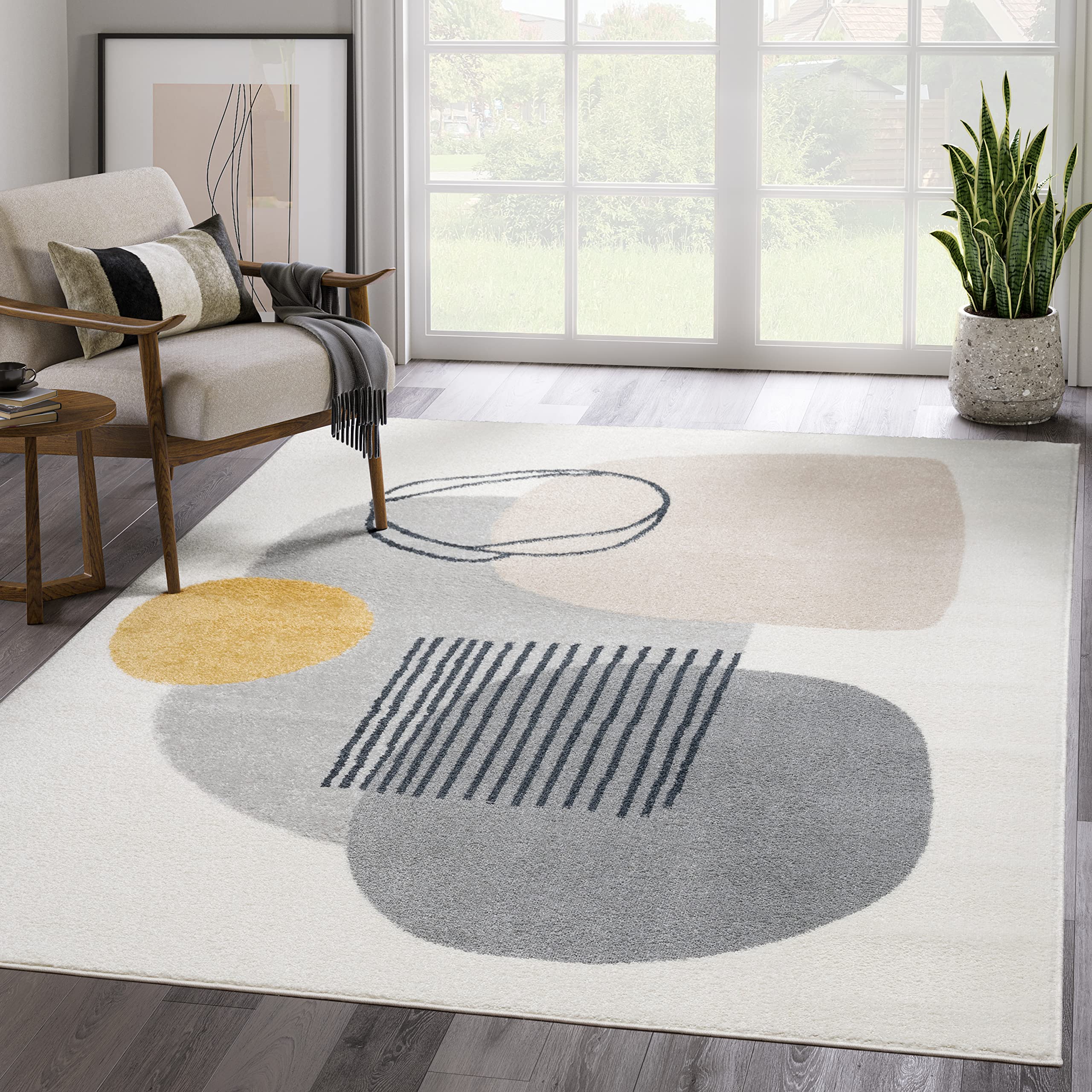 Abani Rugs Cream and Gray 6 ft. X 9 ft. Mid-Century Rug with Circles and Lines. Neutral Tones of Cream, Gray and a pop of Yellow