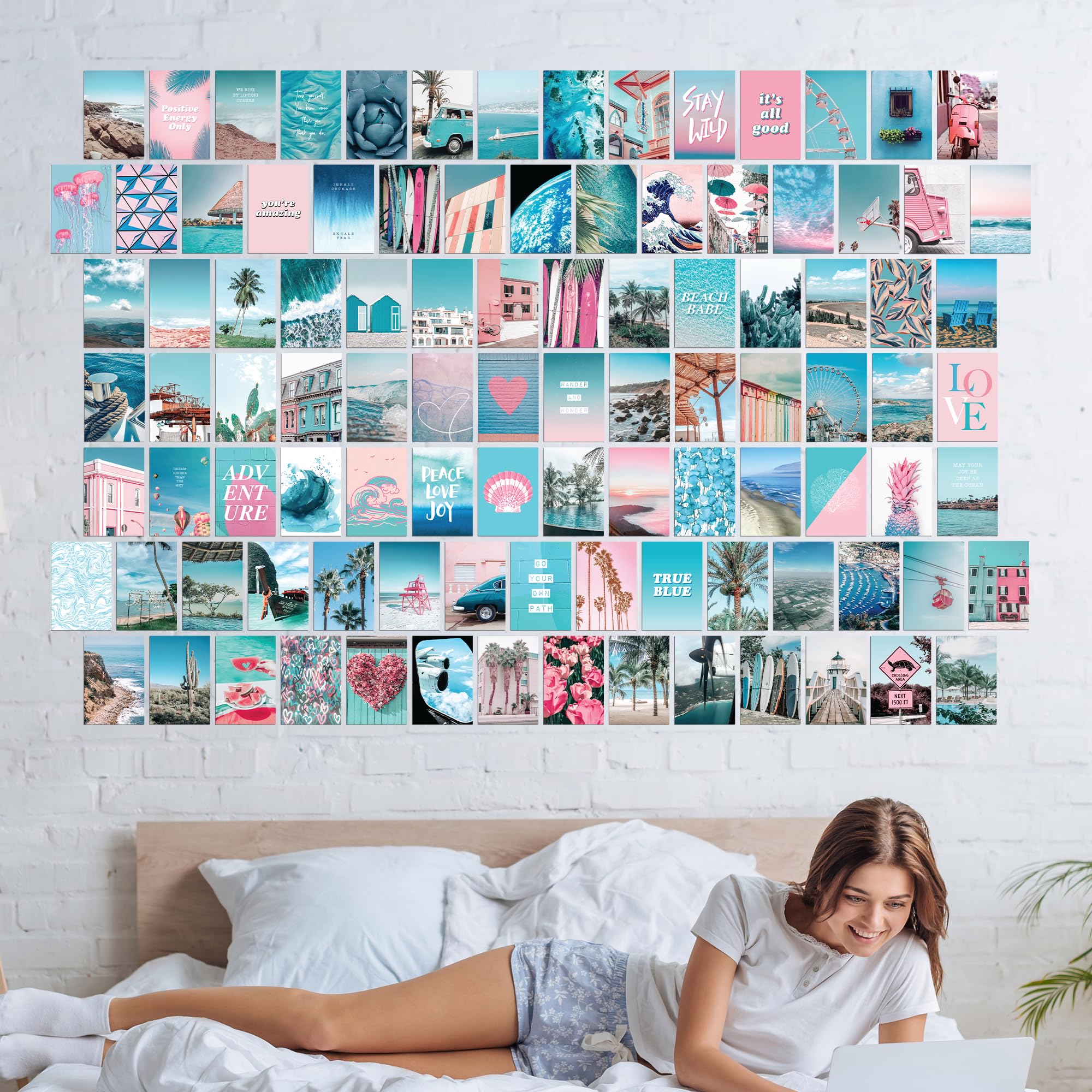 Blue Aesthetic Wall Collage Kit, 100 Set 4X6 Inch, Pink Vsco Room Decor For Teen Girls, Summer Beach Wall Art Print, Dorm Photo