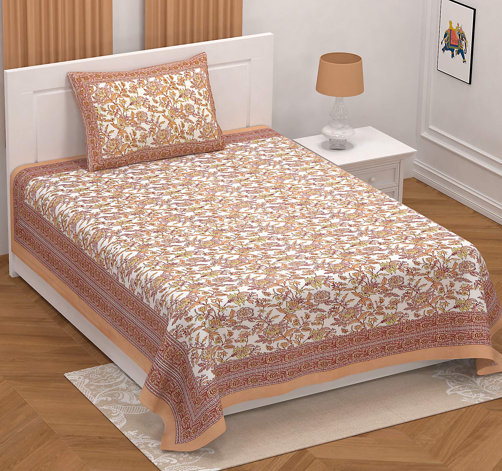Easygoods Cotton Bedsheet For Single Bedsheet With 1 Pillow Cover 60X90 Inch, Handcrafted Bed Sheets (Orange)