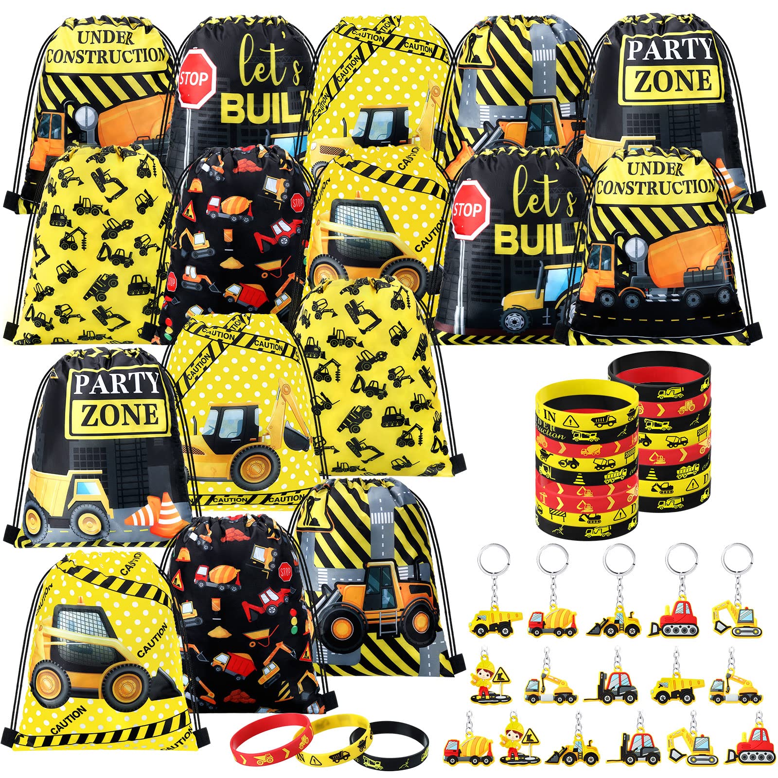 Hungdao 48 Pcs Construction Party Favors 16 Construction Party Drawstring Bags Construction Goodie Bag 16 Construction Wristband