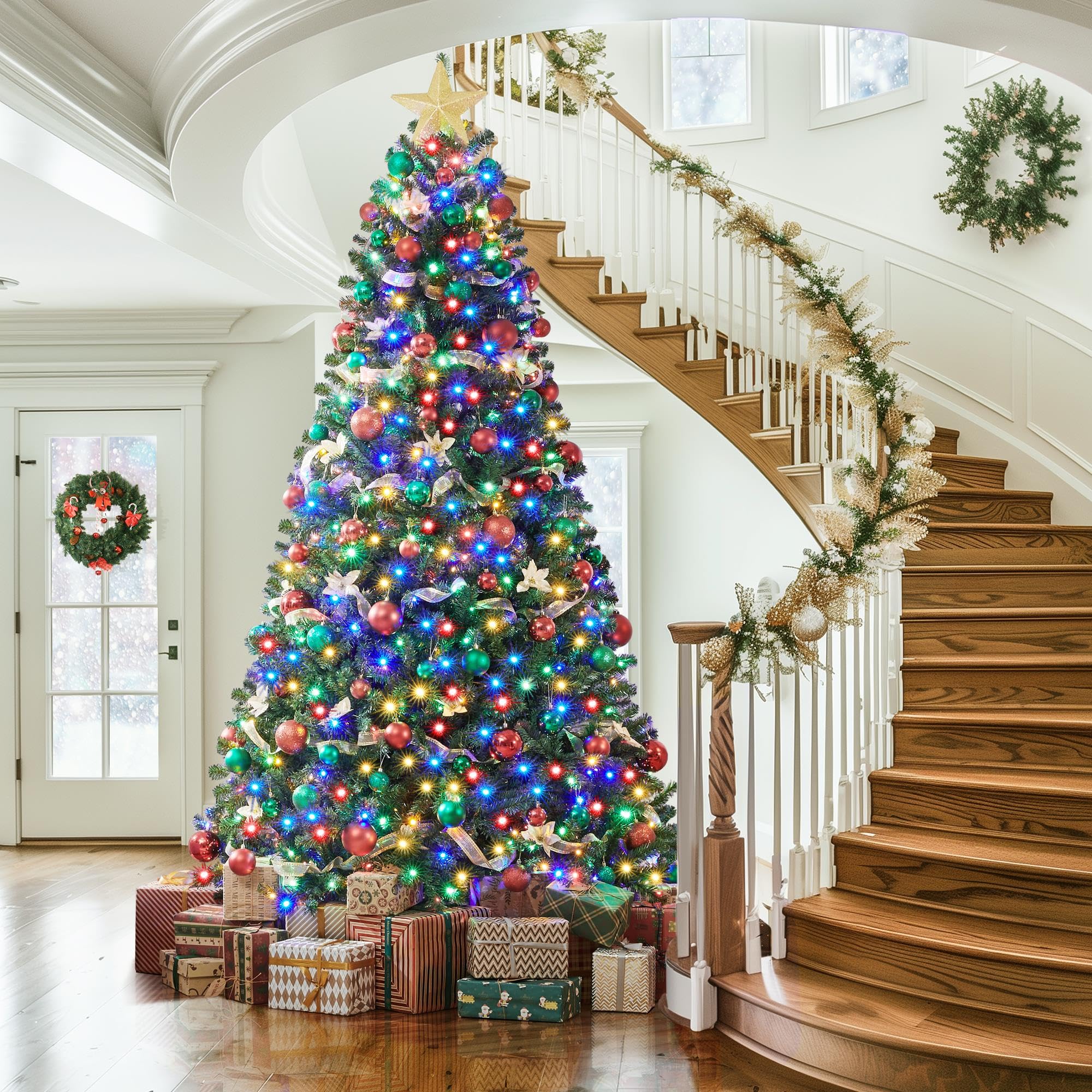 Yaheetech 9ft Pre-lit Spruce Artificial Christmas Tree Hinges Tree with 850 Multicolor LED Lights & 2160 Branch Tips & Metal Sta