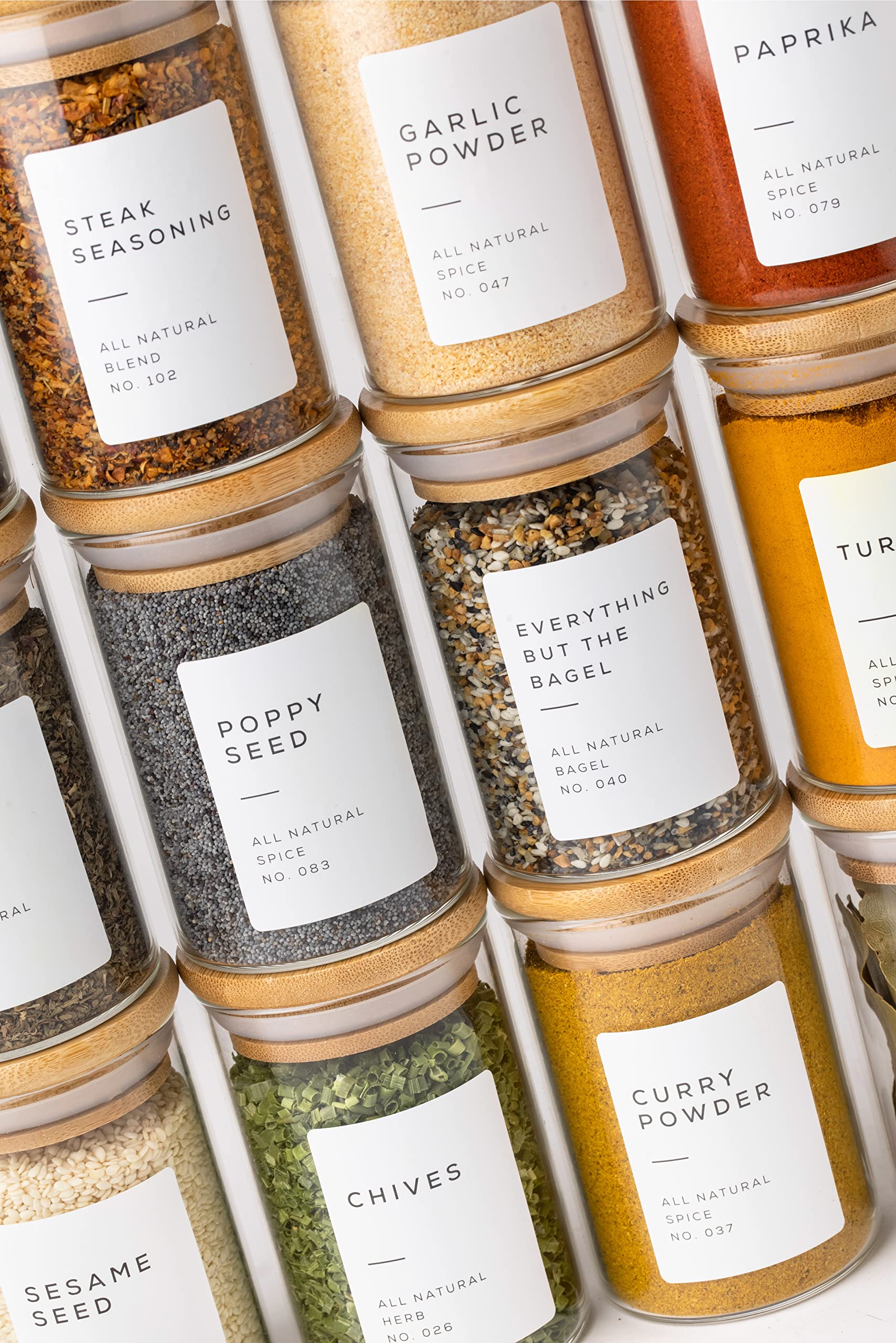 Bloomondo Glass Spice Jars with Label Pack (12x Bamboo Lid Glass Jar) Small 6oz Empty Spice Storage Bottles with 112 Printed Sti