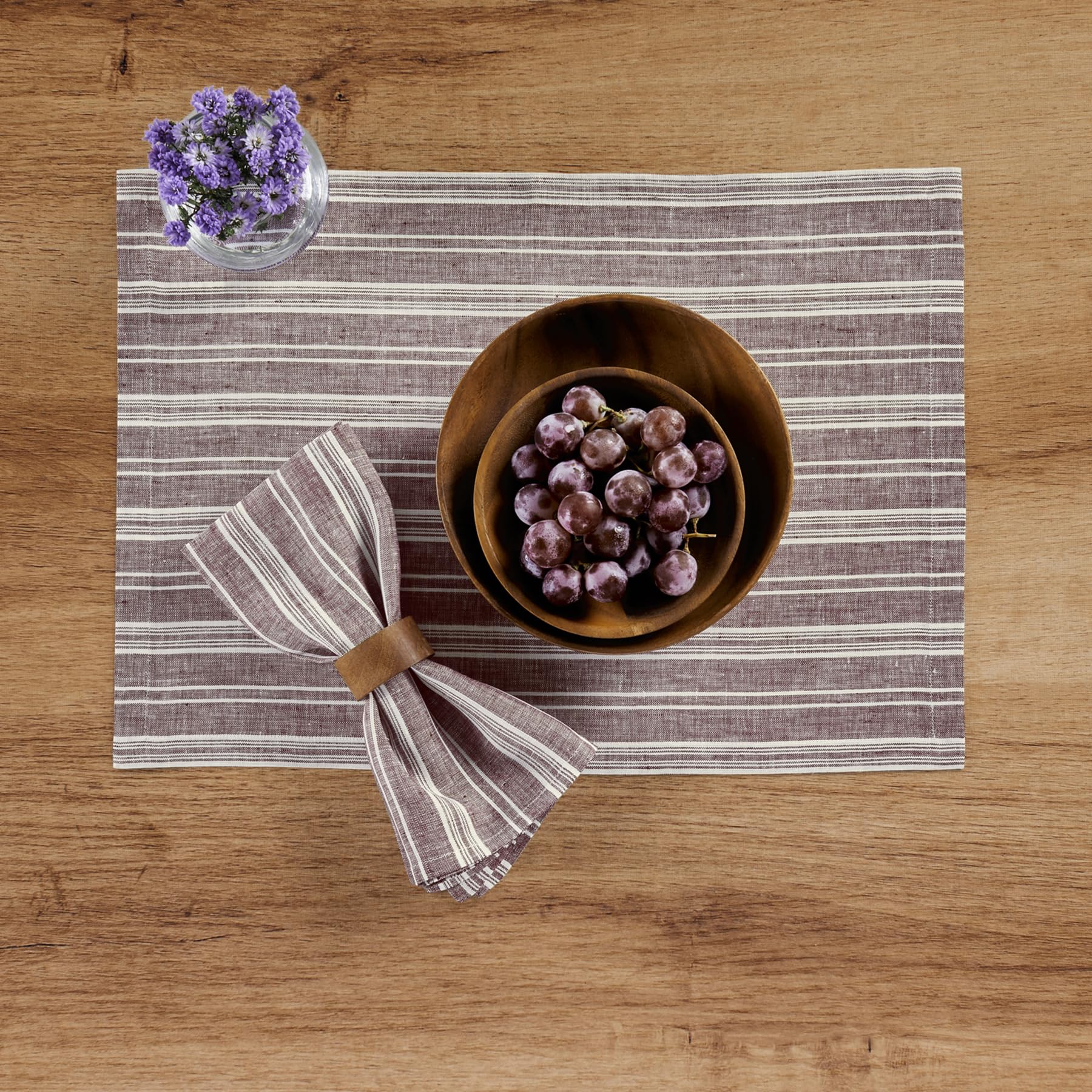 Solino Home Stripe Linen Dinner Napkins 20 X 20 Inch - 100% Pure Linen Burgundy And White Cloth Napkins Set Of 4 - Chelsea Strip