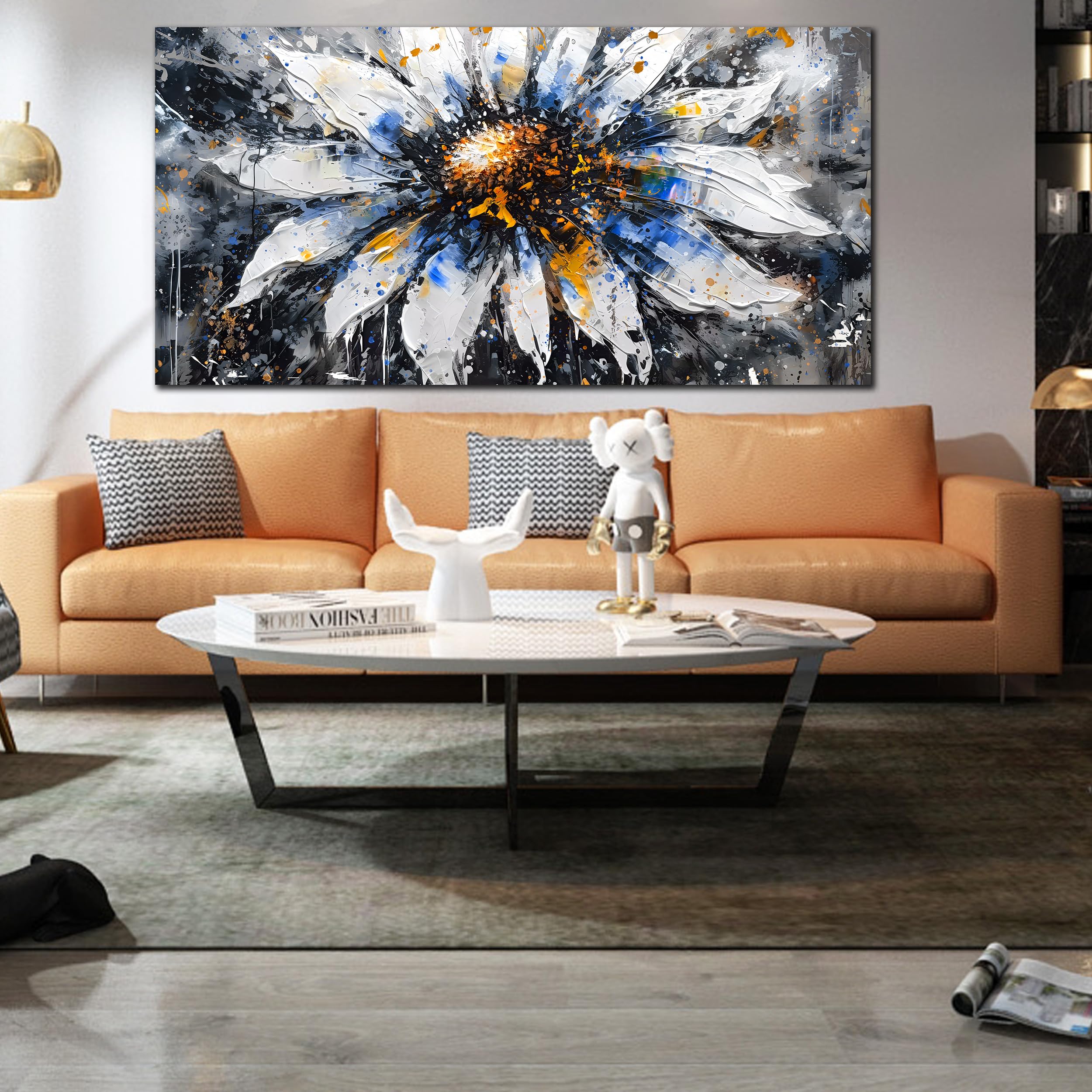 Kepgonegu Large Canvas Wall Art For Living Room Bedroom Large White Blue Flower Picture Gray Canvas Prints Home Decor Ready To H