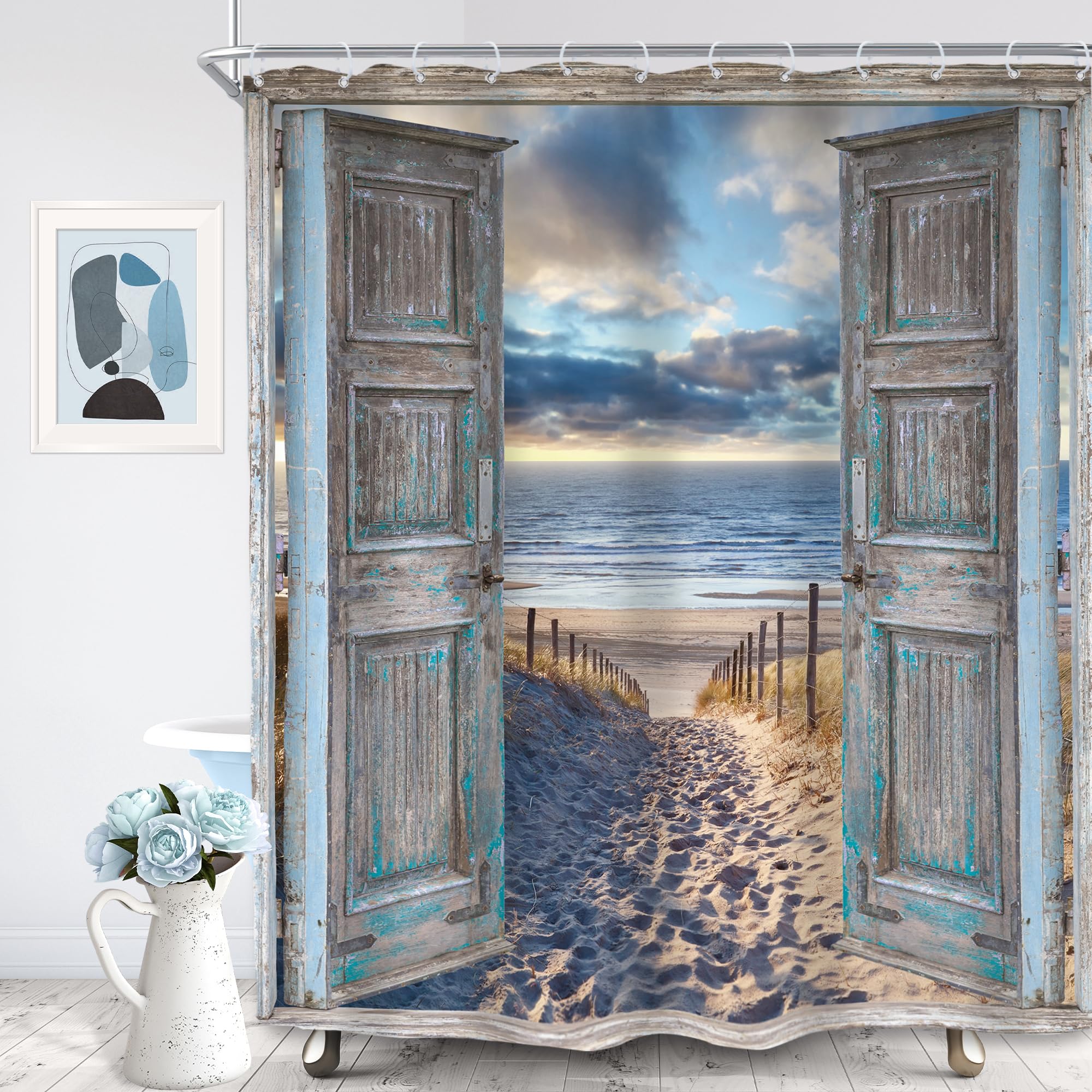 Svbright Beach Ocean Shower Curtain 60Wx72L Inch Hawaiian Seaside Coastal Blue Barn Door Scenery Rustic Landscape Nature Farm Wo