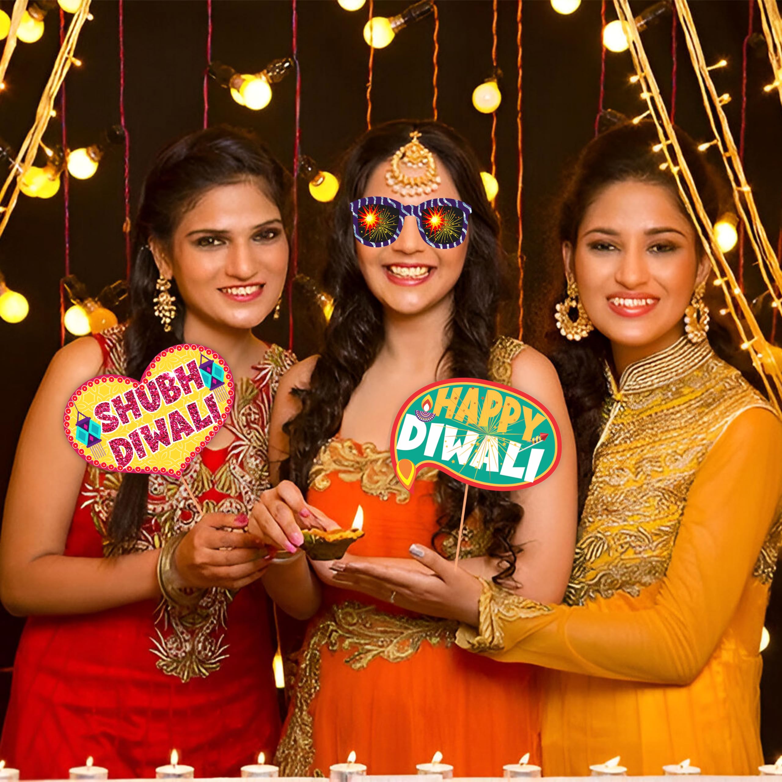 WOBBOX Diwali Decoration Happy Diwali Photo Booth Party Props, Yellow & Purple Colour, Diwali Decoration Item, Diwali Dcor Items