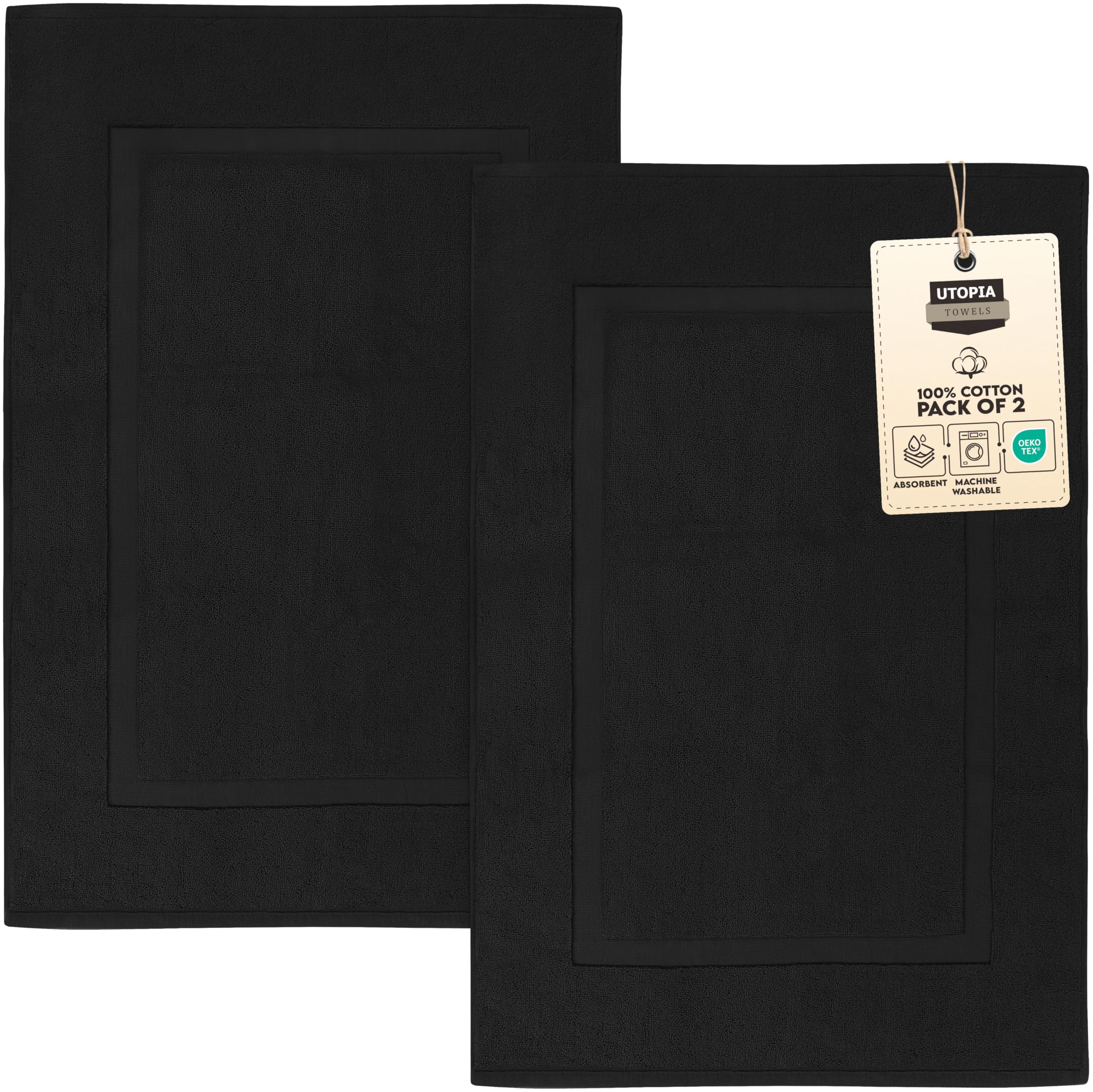 Utopia Towels Cotton Banded Rug  Bath Mats  [Not a Bathroom Rug]  21x34 Inches  100% Ring Spun Cotton - Highly Absorbent and Machine Washable Shower Bathroom Floor Mat  Black  2 Pack