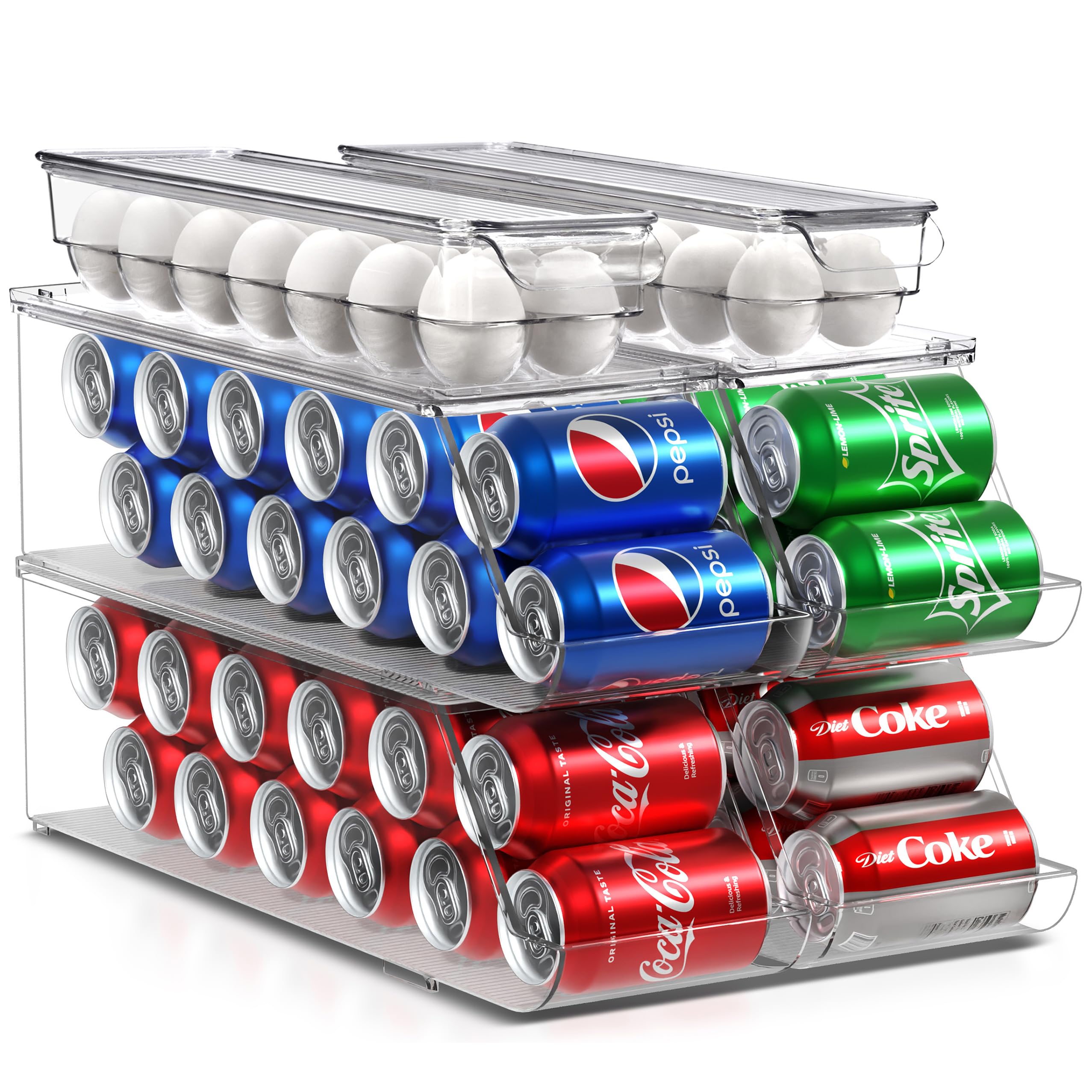 Sorbus Soda Can Organizer for Refrigerator & Egg Holder for Fridge Set, 4 Stackable Can Holder Dispenser Holds 12 Cans Each & 2 