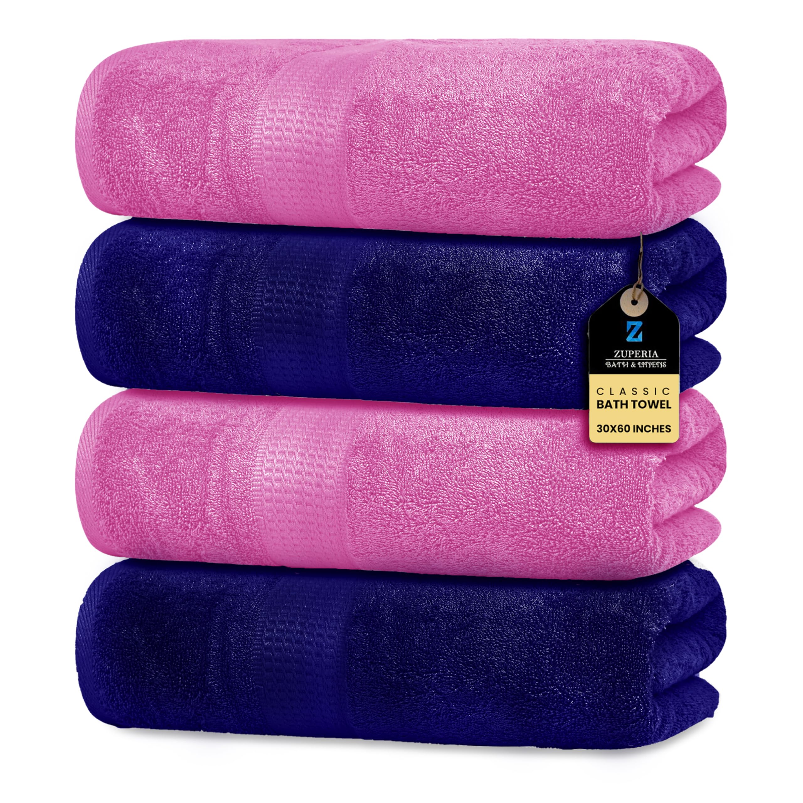 Zuperia Premium Bath Towel, 100% Cotton Towels For Bathroom (30X60 Inches, Pack Of 4, Pink/Navy Blue), Absorbent Bath Towels, Li