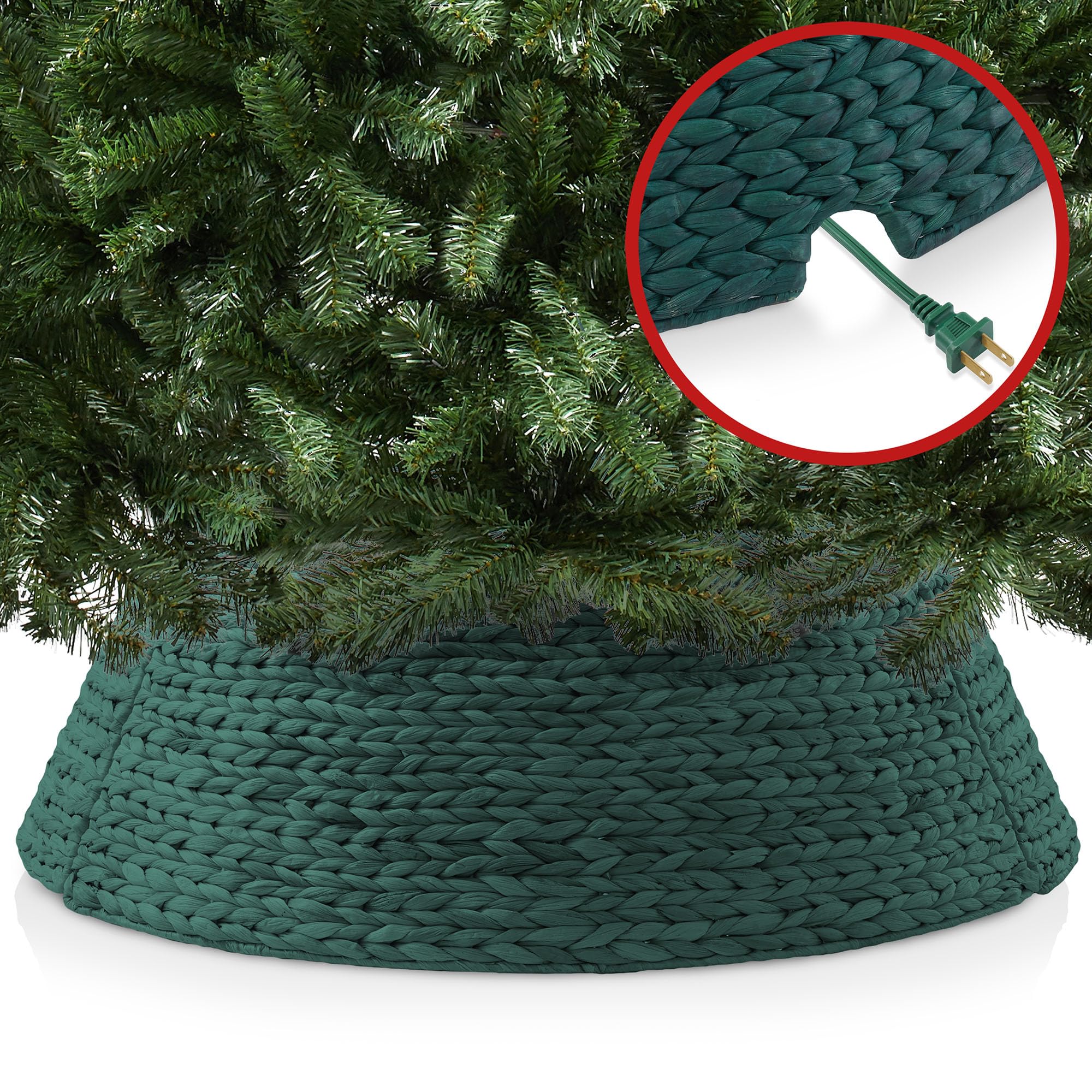 Casafield 42-Inch Christmas Tree Collar, Woven Water Hyacinth Tree Base Cover with Cord Cut Out, Green