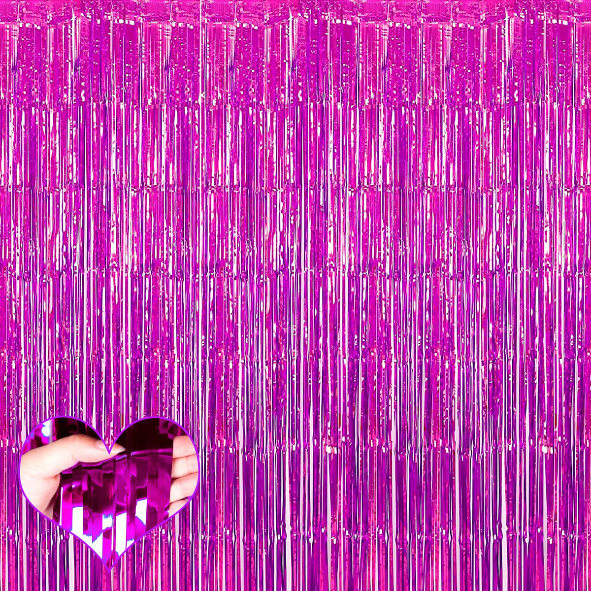 4 Pack Fuchsia Fringe Curtain Backdrop, 3.2Ft X 9.8Ft Metallic Tinsel Foil Fringe Streamers Curtains Background For Photo Booth