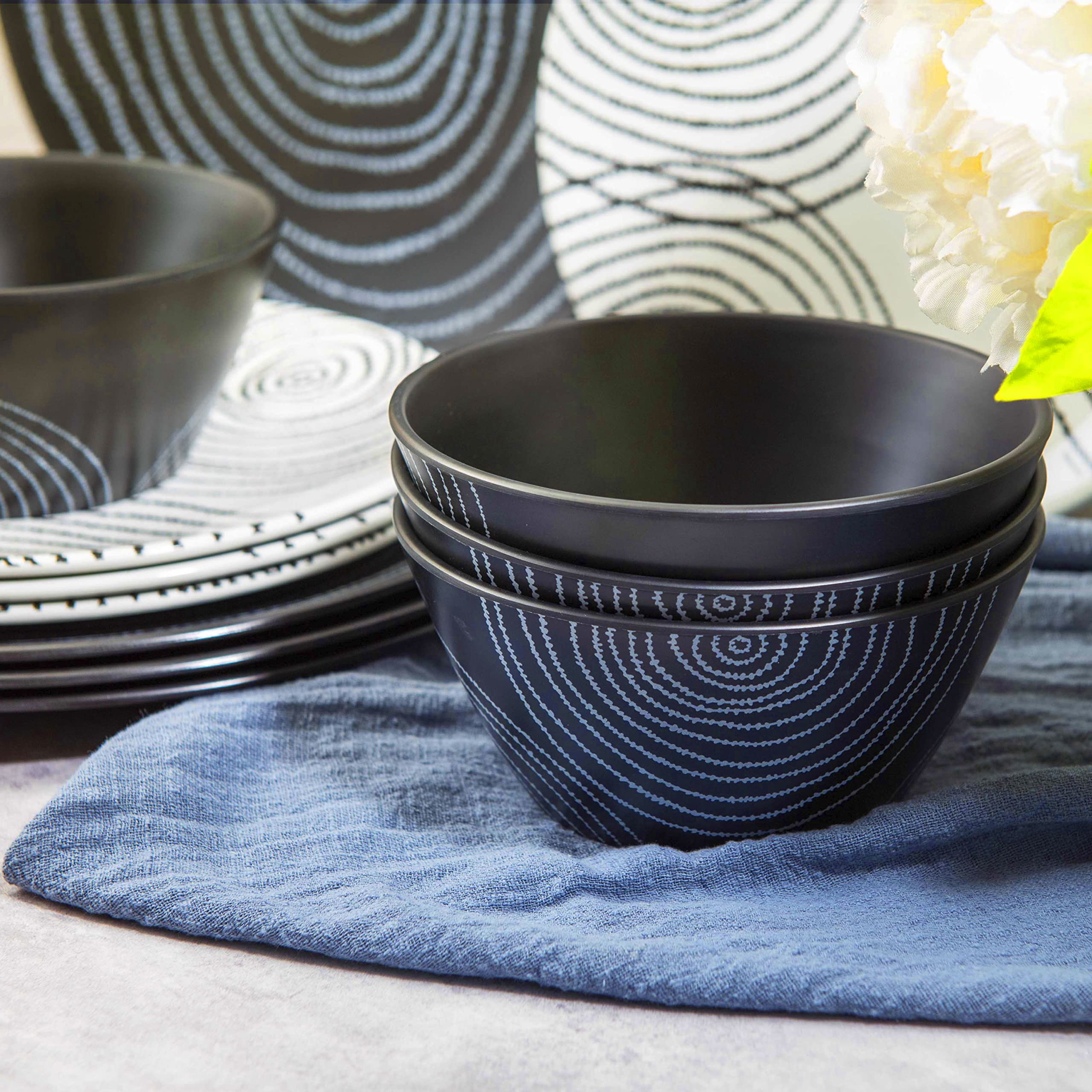 bzyoo 12 Piece Melamine Dinnerware Set - Durable, Dishwasher Safe Black Plates and Bowls - Dining, Parties, Camping Dish Set Bla
