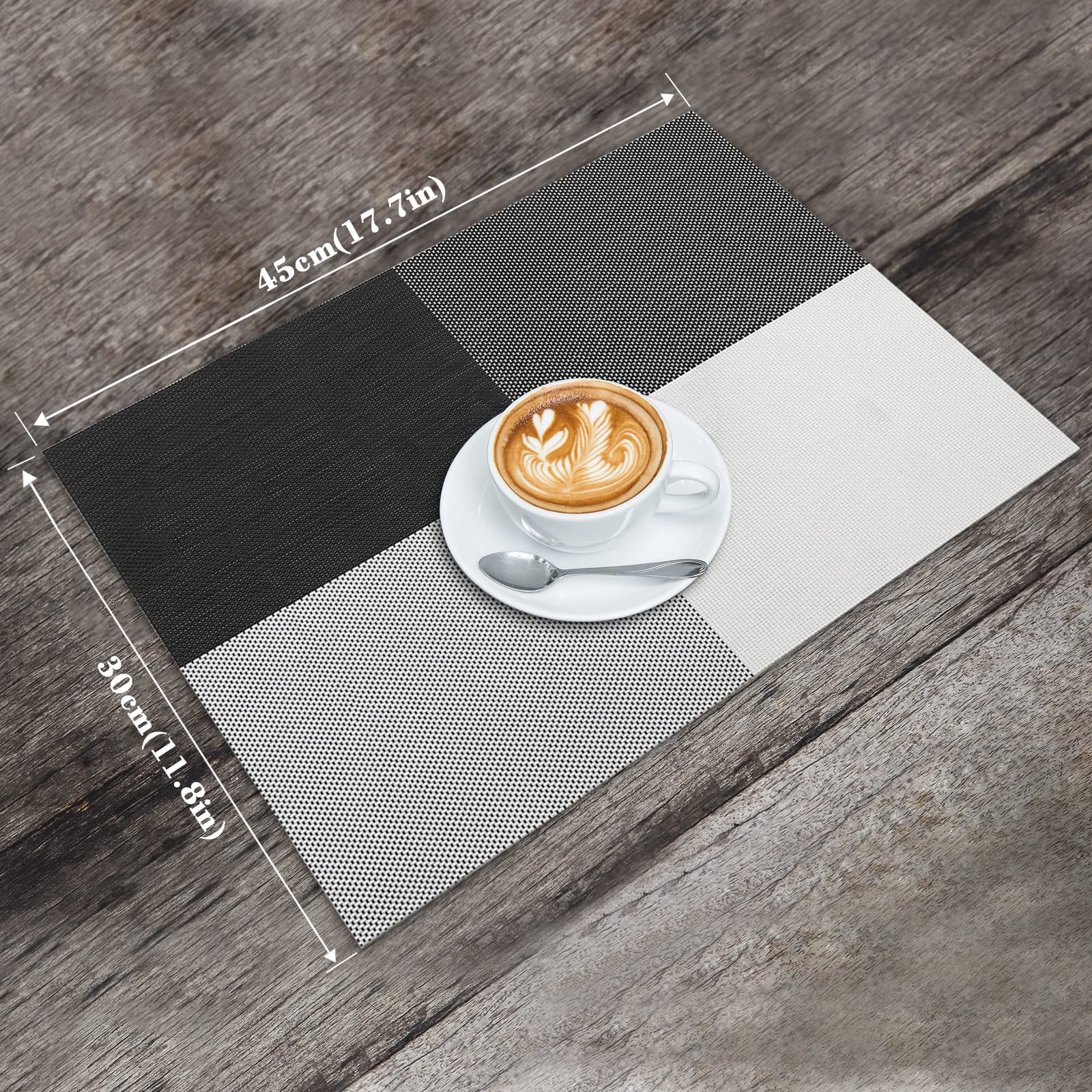Heloho Placemats Set Of 6 Black And White Placemats Heat-Resistant Washable Vinyl Woven Table Mats Wipeable Placemat For Kitchen