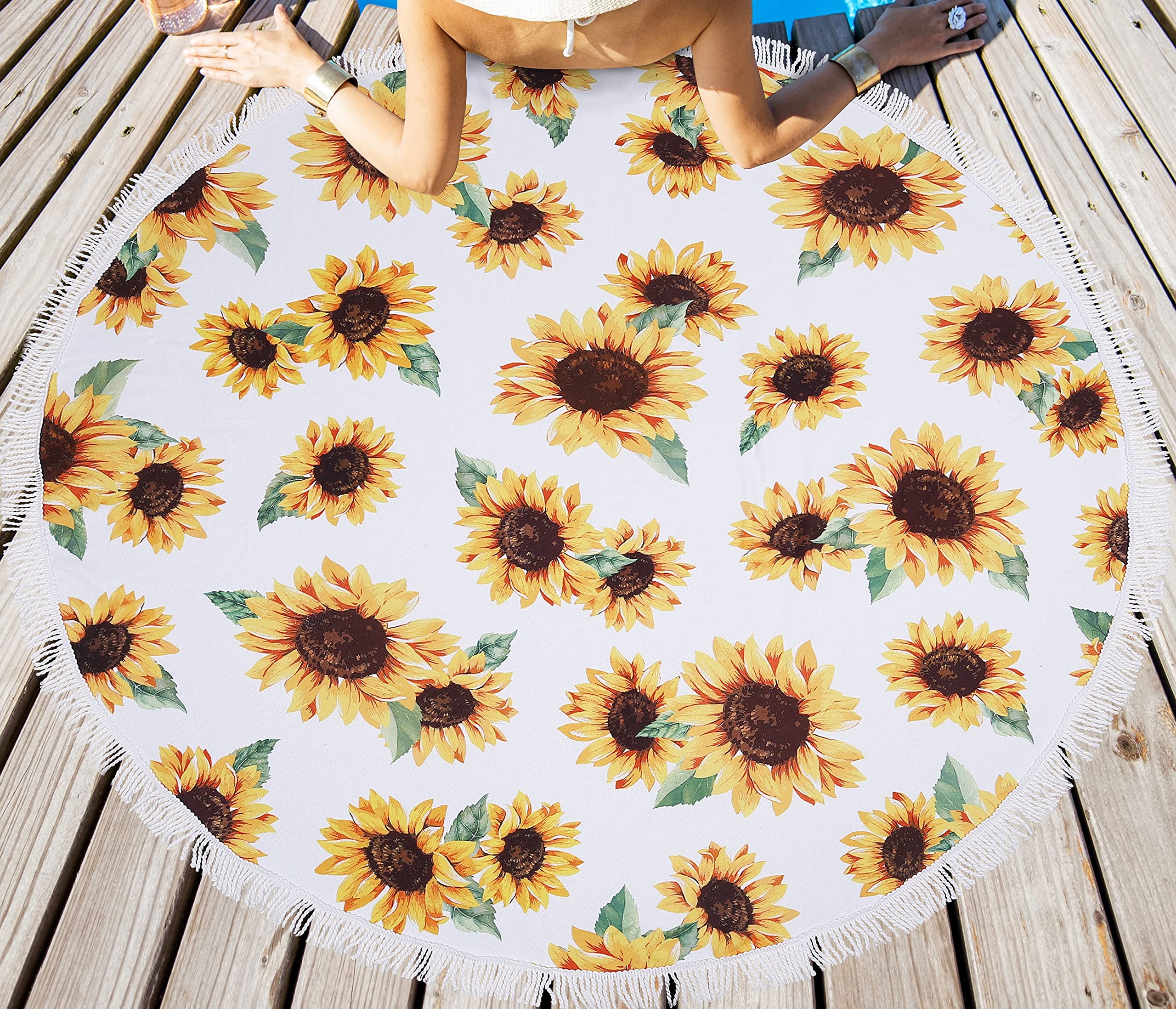 Oversized Floral Sunflower Round Beach Towel For Women, Microfiber Beach Blanket Quick Dry And Sand Proof Circle Towel, Soft Thi