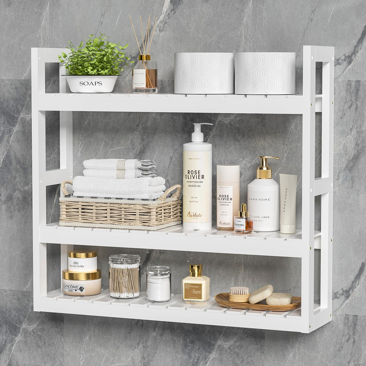 Domax Bathroom Shelves Over Toilet Storage - 3 Tier Wall Mounted Bamboo Bathroom Shelf Organizer Multifunctional Adjustable Laye