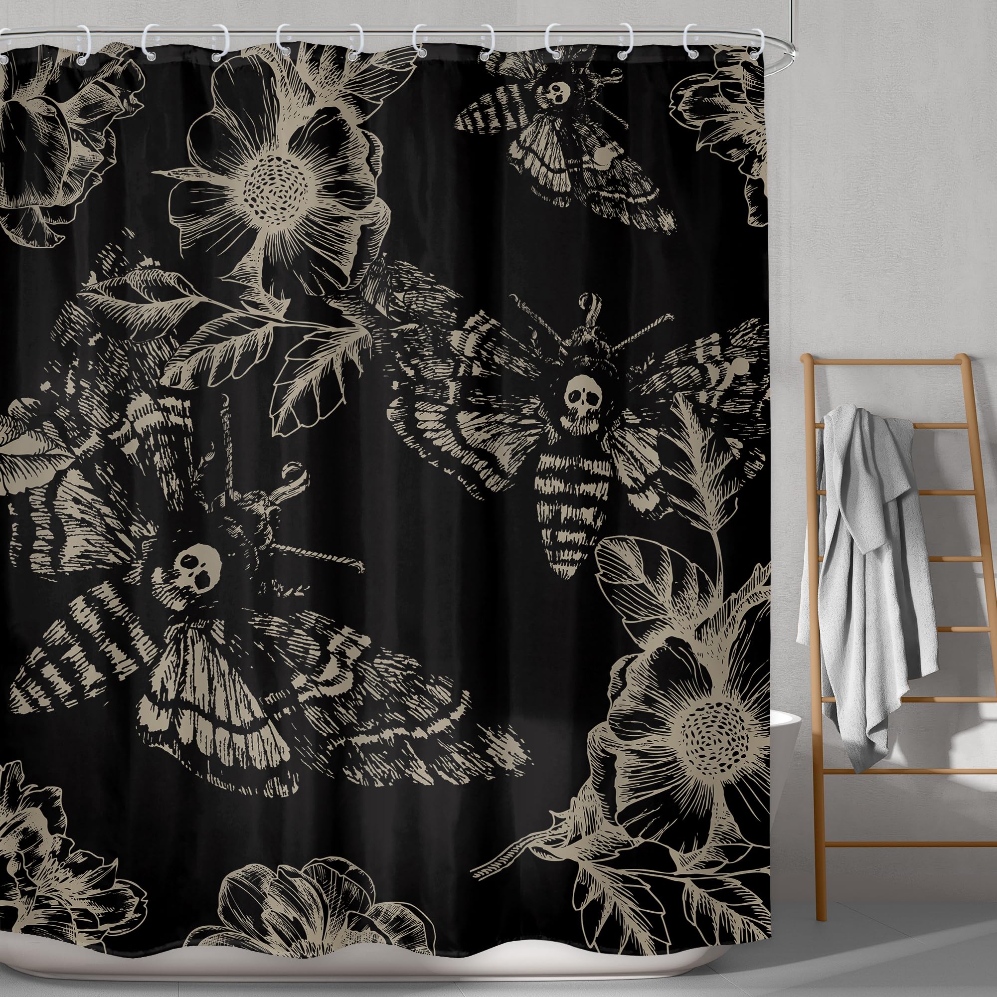 Lghtyro Gothic Skull Moth Shower Curtain Bathroom Set 60Wx71H Inches Witchy Scary Black Flower Death Head Botany Leaves Mysterio