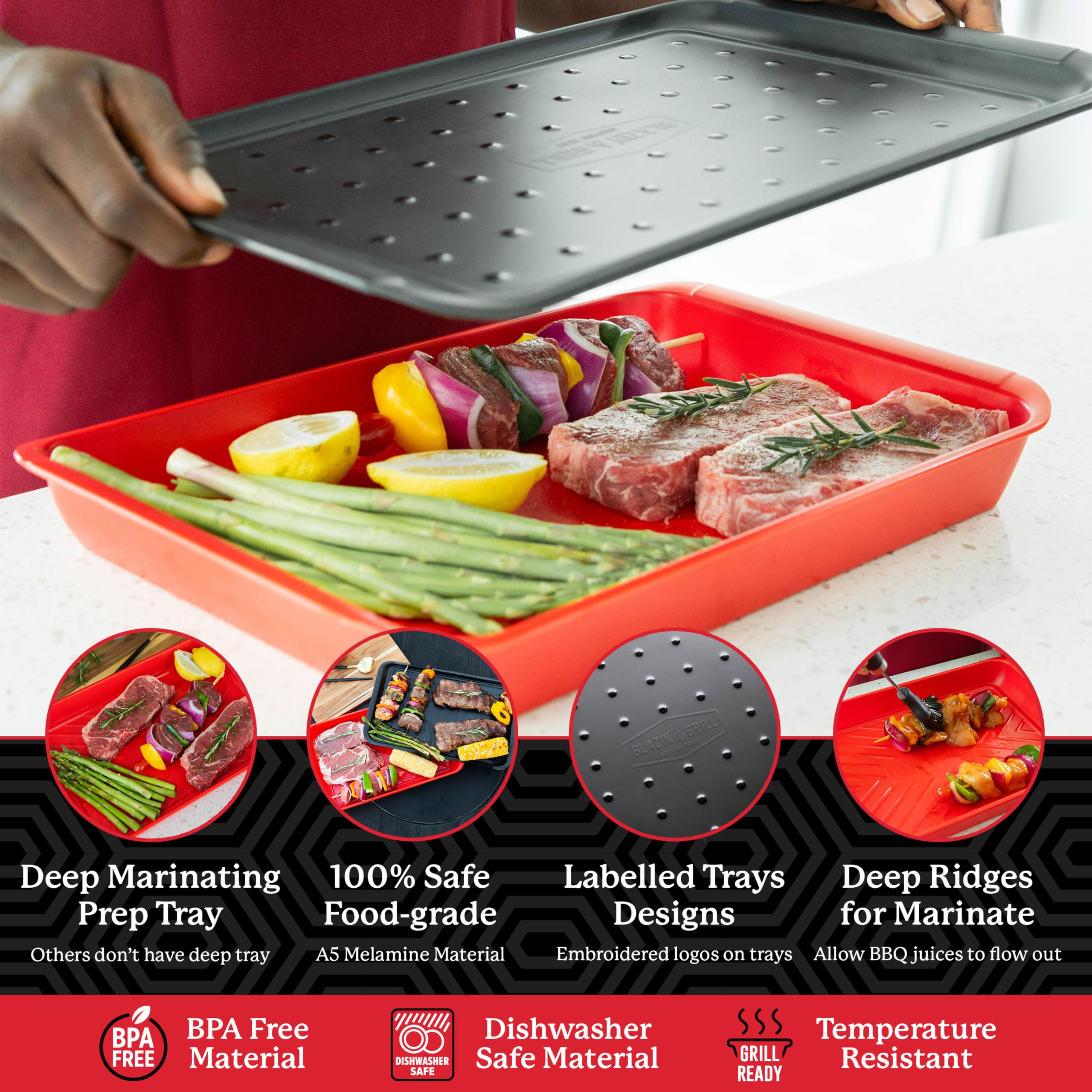 Blazin' Grill Prep And Serve Trays | Set Of 2 Stackable, Melamine Trays | Serving Tray & Marinating Tray | Serving Platter For P