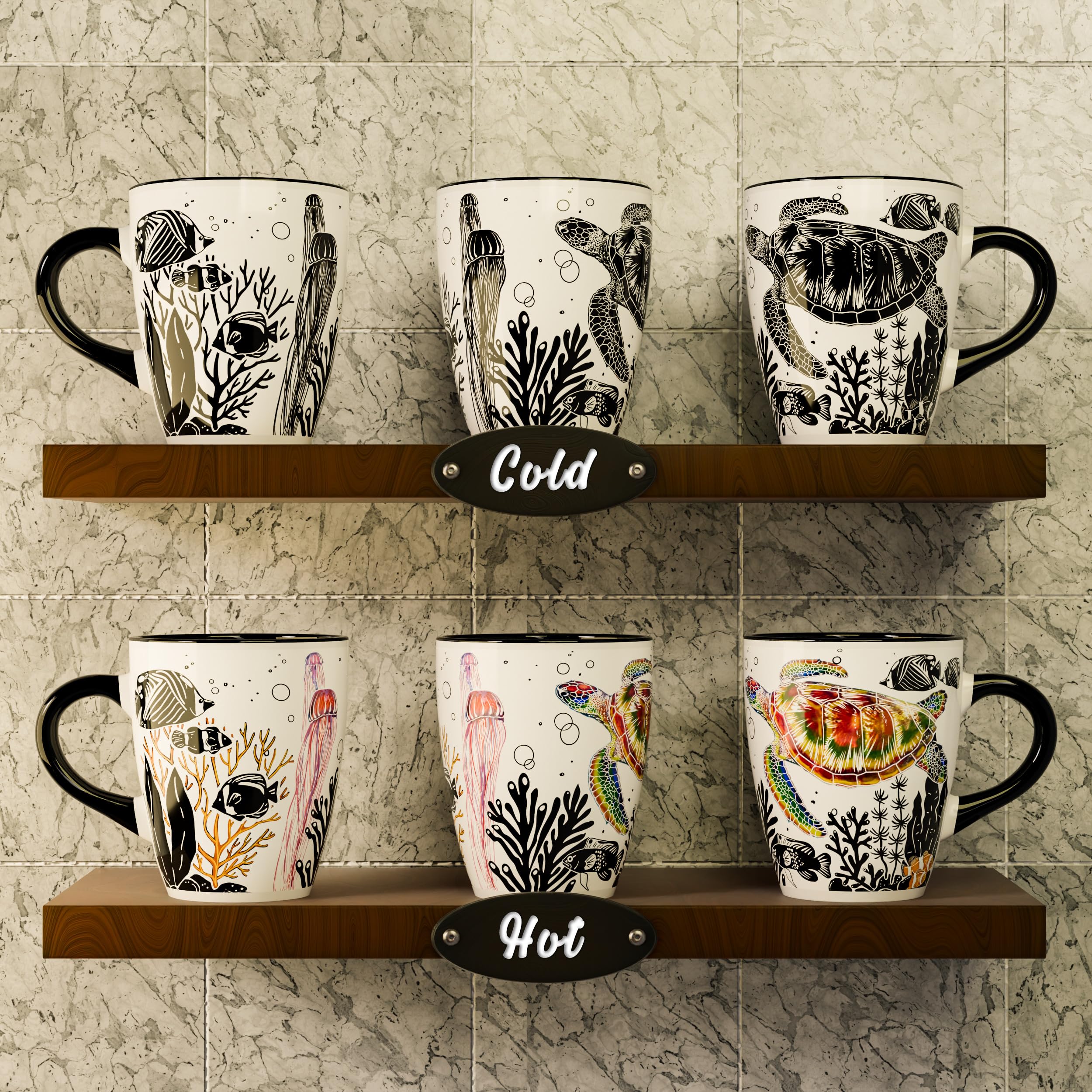 Color Changing Sea Turtle Coffee Mug 12oz - Heat Sensitive Ceramic Cup with Ocean Reef & Coral Design, Coastal Beach Theme Mug,