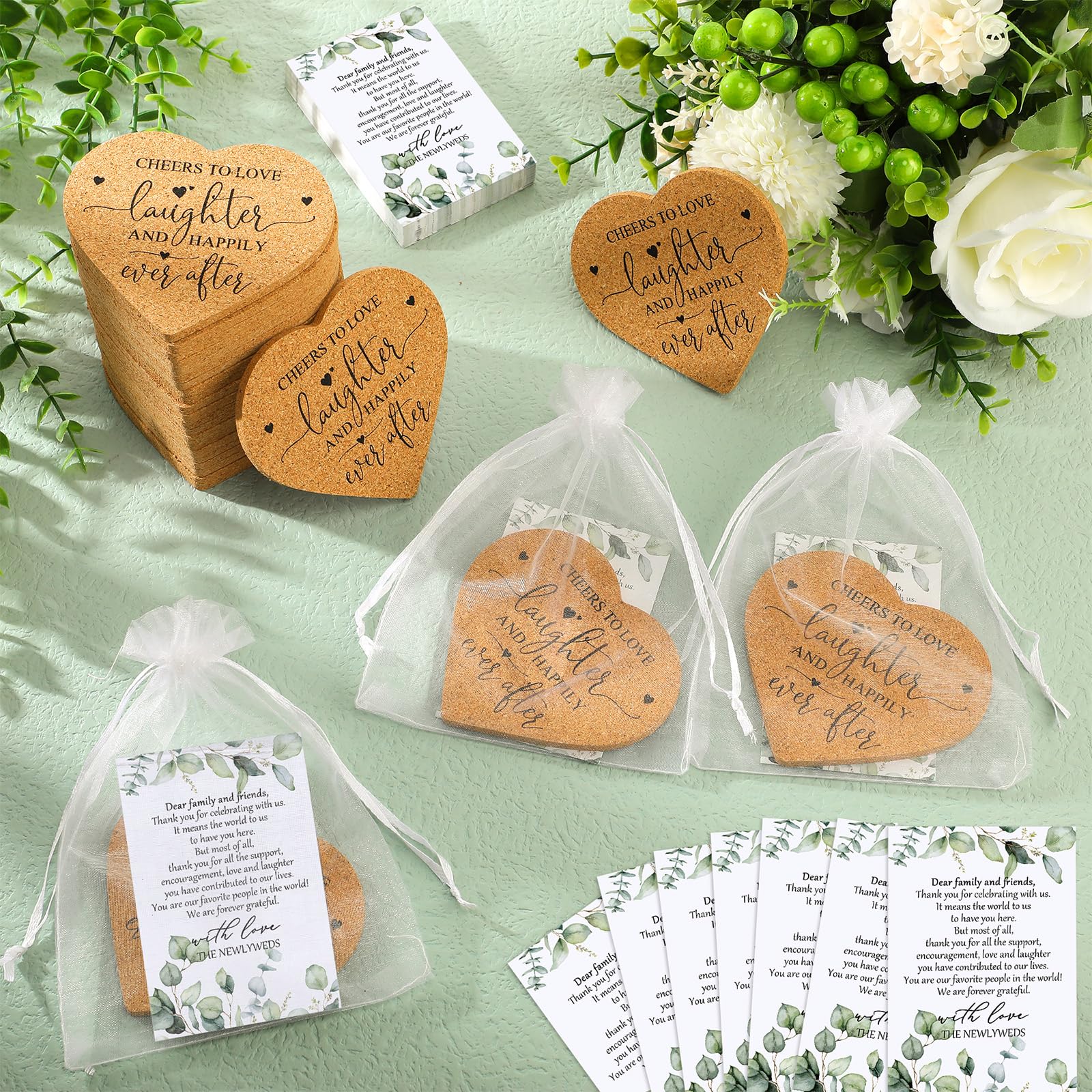 Uiifan 50 Set Wedding Favors For Guest Coaster Gifts Bulk Heart Shaped Coasters Thank You Cards Organza Bags Guest Souvenirs For
