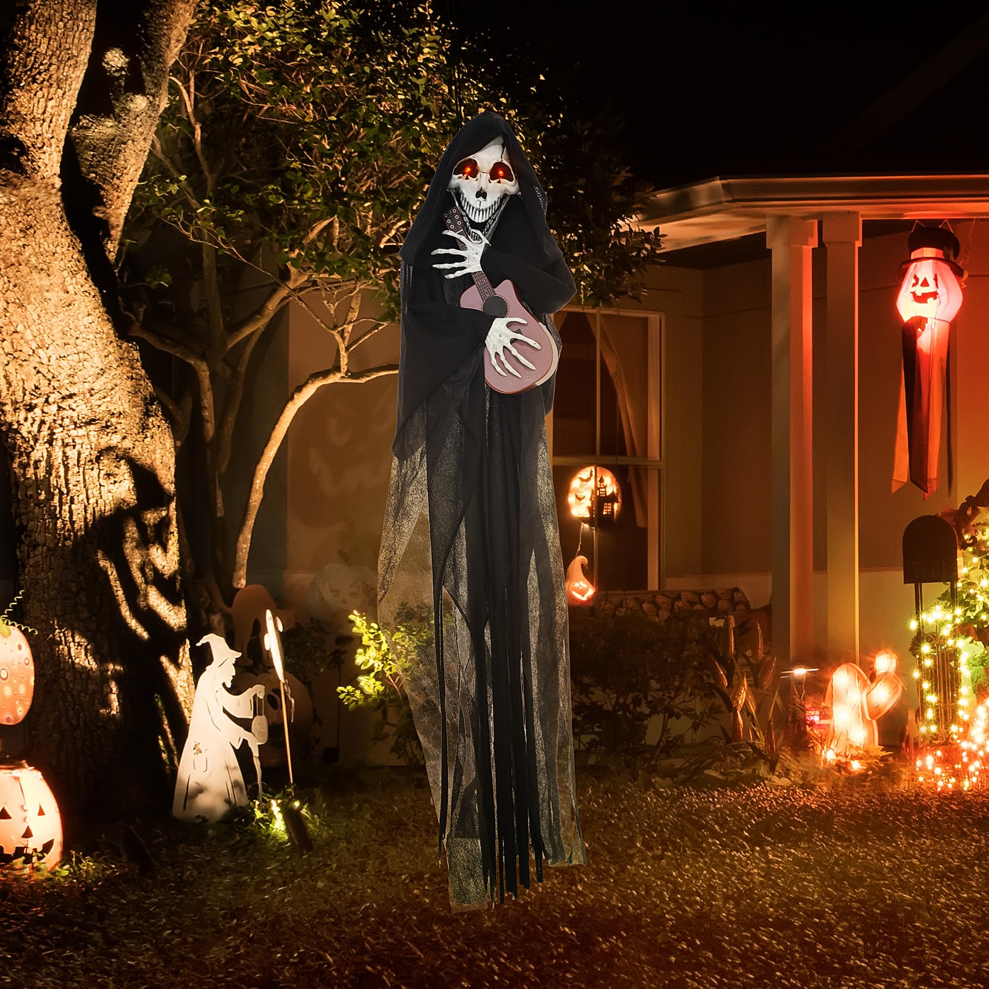 HOMCOM 4.3  Outdoor Halloween Decoration Animatronic Guitar-Playing Grim Reaper, Sound and Motion Activated Animated Prop with L