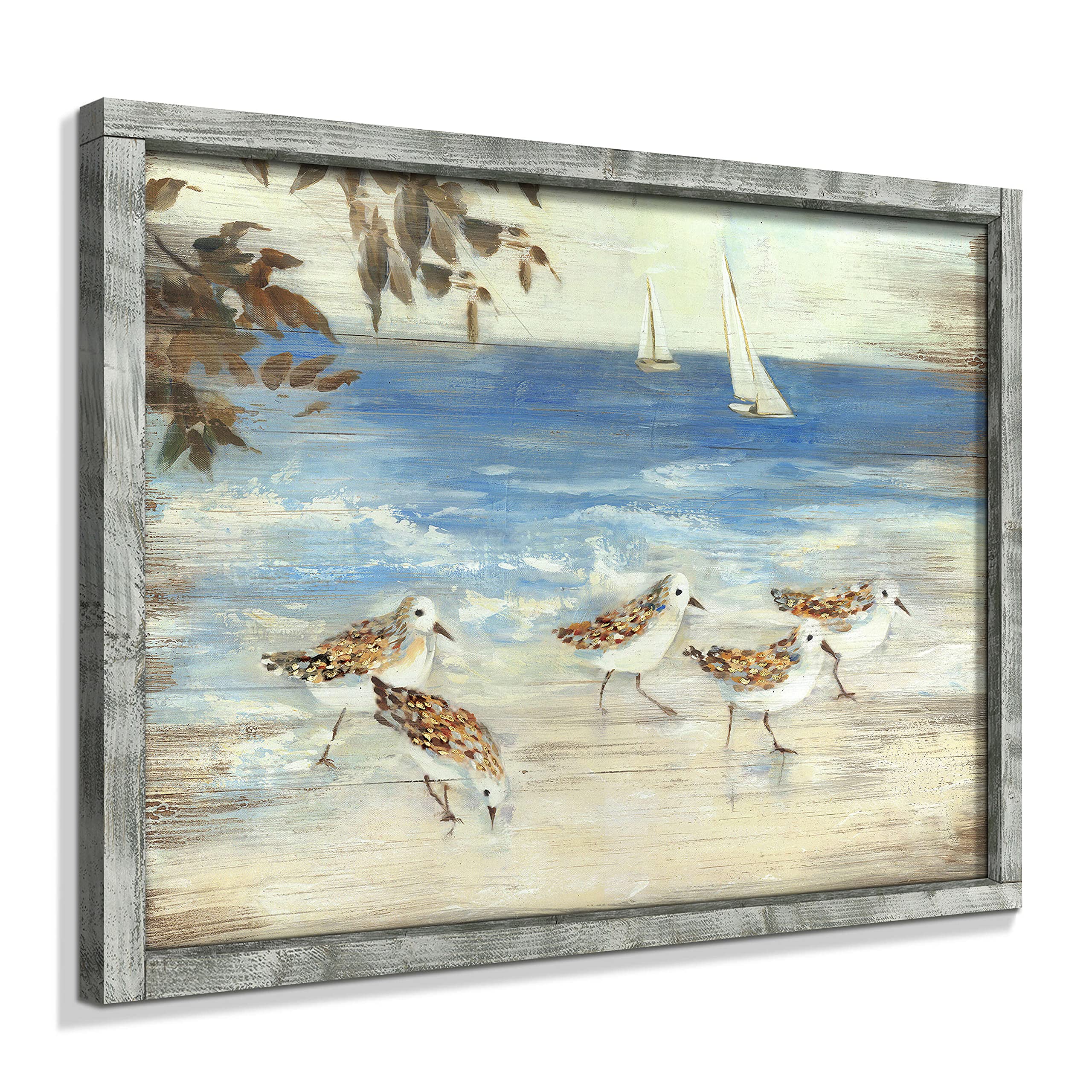 Coastal Framed Wooden Wall Art: Abstract Beach Oil Painting Style Sea Bird Pictures Ocean Prints Peaceful Seascape Artwork For H