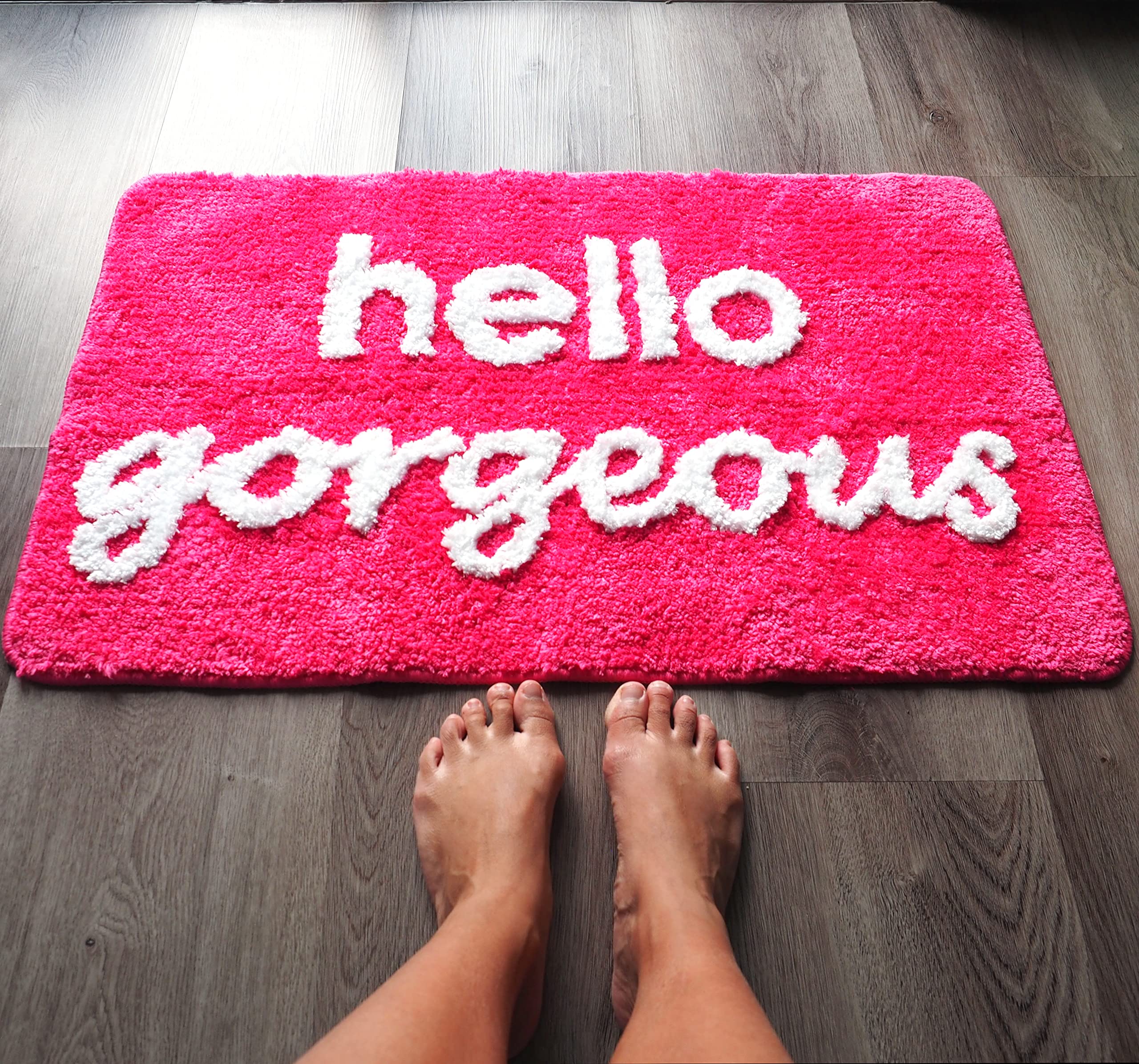 Hello Gorgeous Bath Mat Hot Pink Dark Magenta Fuchsia Blush Peach Coral Cute Beautiful Bathroom Rugs for Girls You Look Good Gorgeous Funny Shower Fun Bathroom Decor Non-Slip Washable Kids Women
