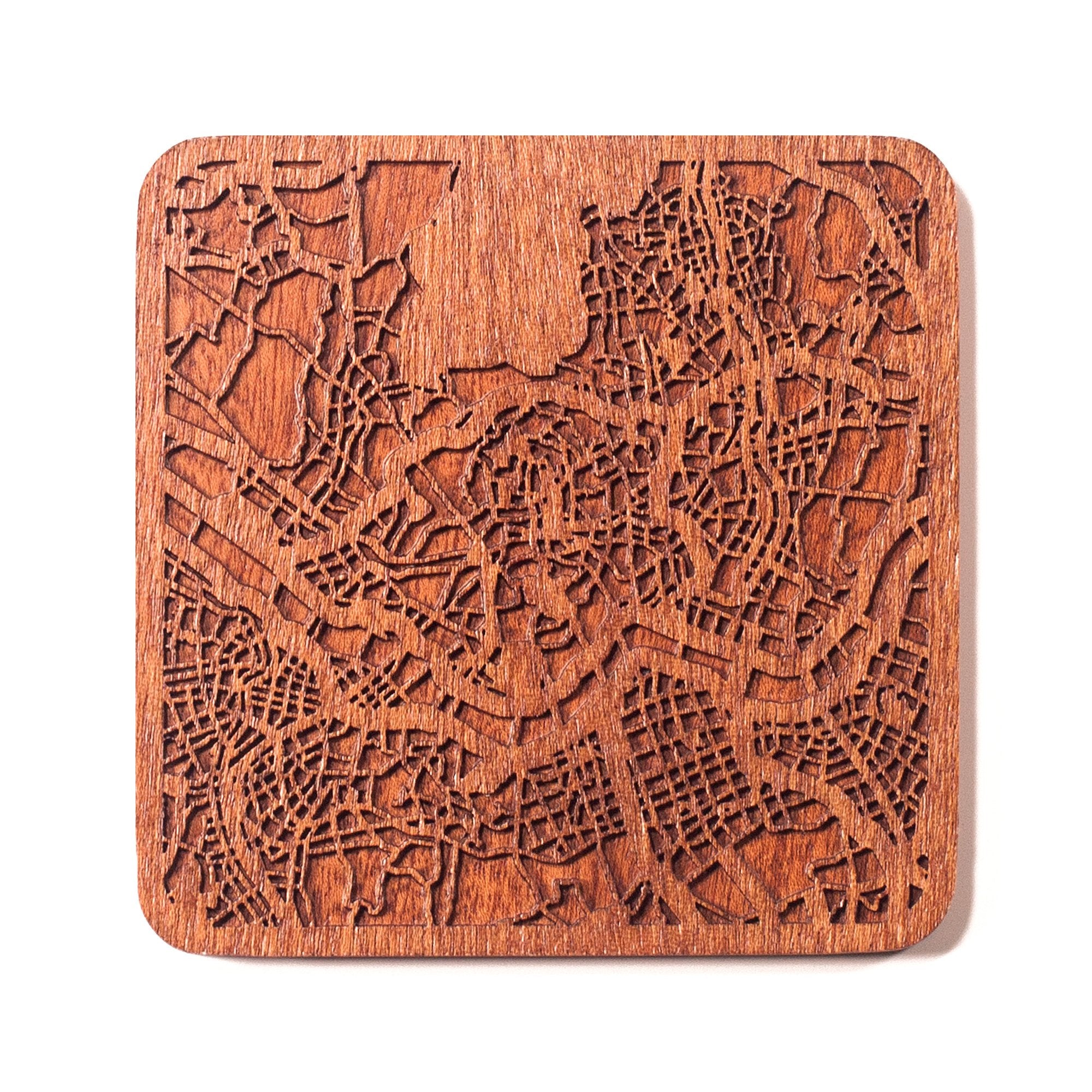 Seoul Map Coaster By O3 Design Studio, 1 Piece, Sapele Wooden Coaster With City Map, Handmade, Multiple City Optional