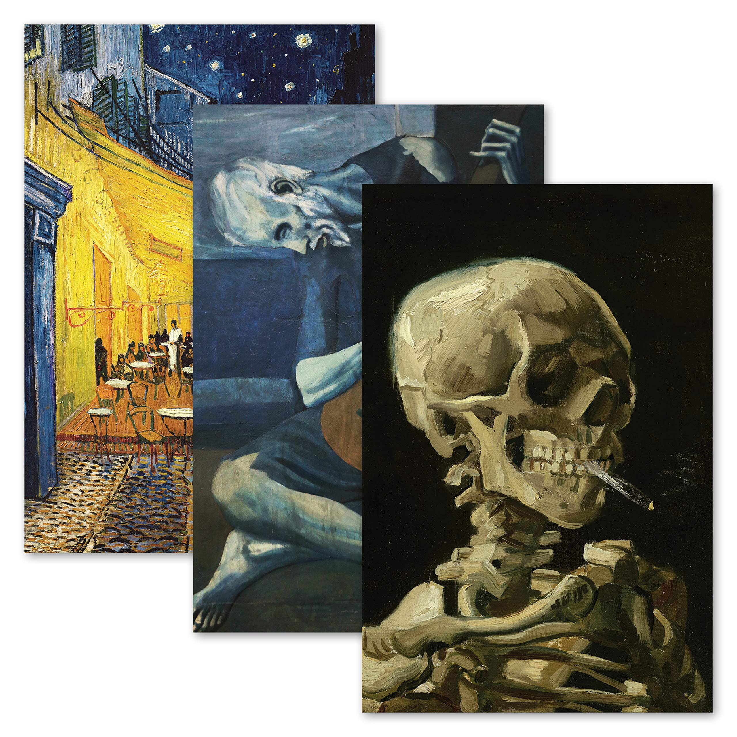 3 Pack: Vincent Van Gogh Skeleton + Cafe Terrace At Night + The Old Guitarist By Pablo Picasso Poster Set - Set Of 3 Fine Art Pr