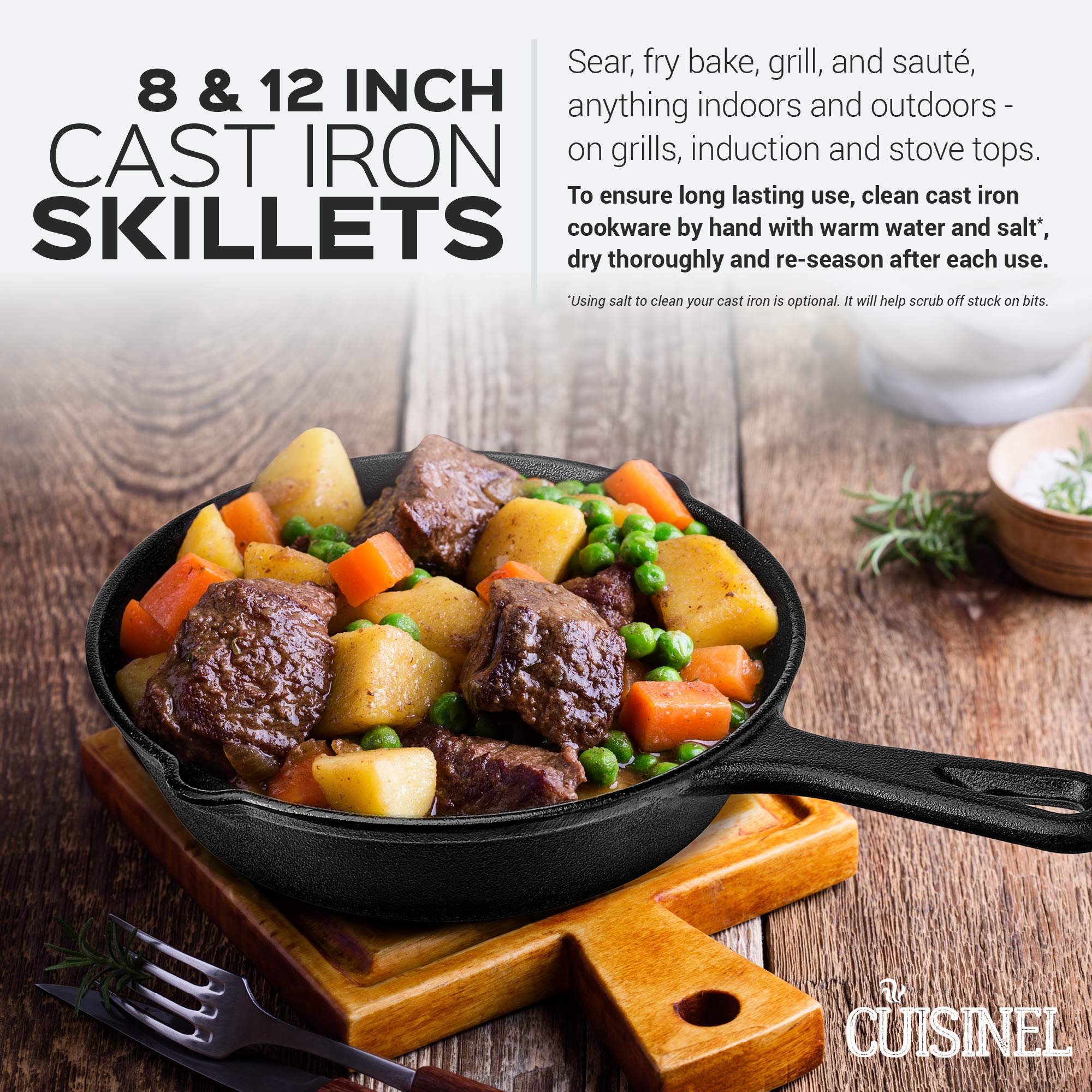 Pre-Seasoned Cast Iron Skillet Set (8-Inch and 12-Inch) Oven Safe Cookware - Heat-Resistant Holders - Indoor and Outdoor Use - G