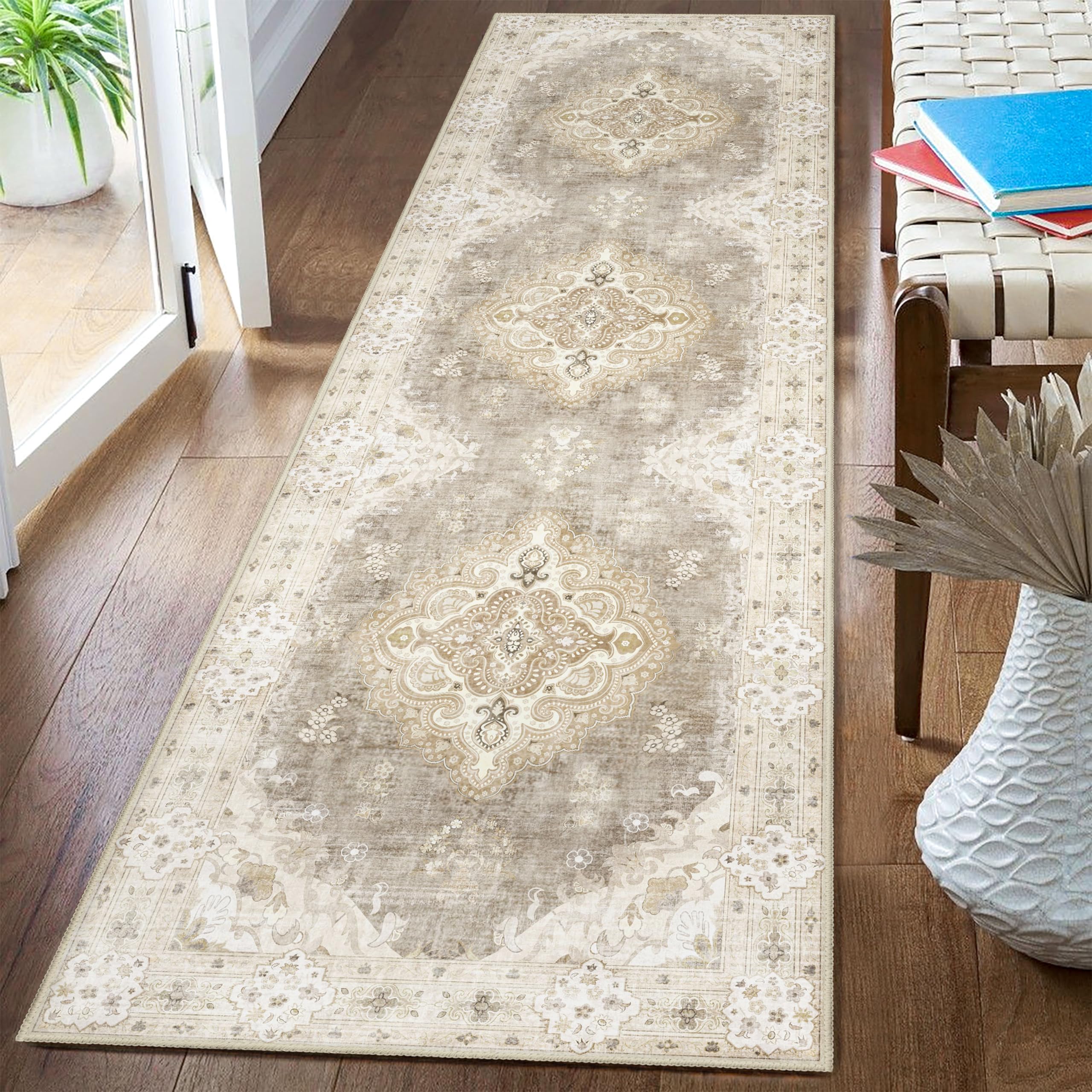 MUJOO Hallway Runner Rug 2x8 Beige,Long Boho Rug Runners Washable Non Slip Carpet for Entryway Kitchen Bathroom Bedside,Vintag