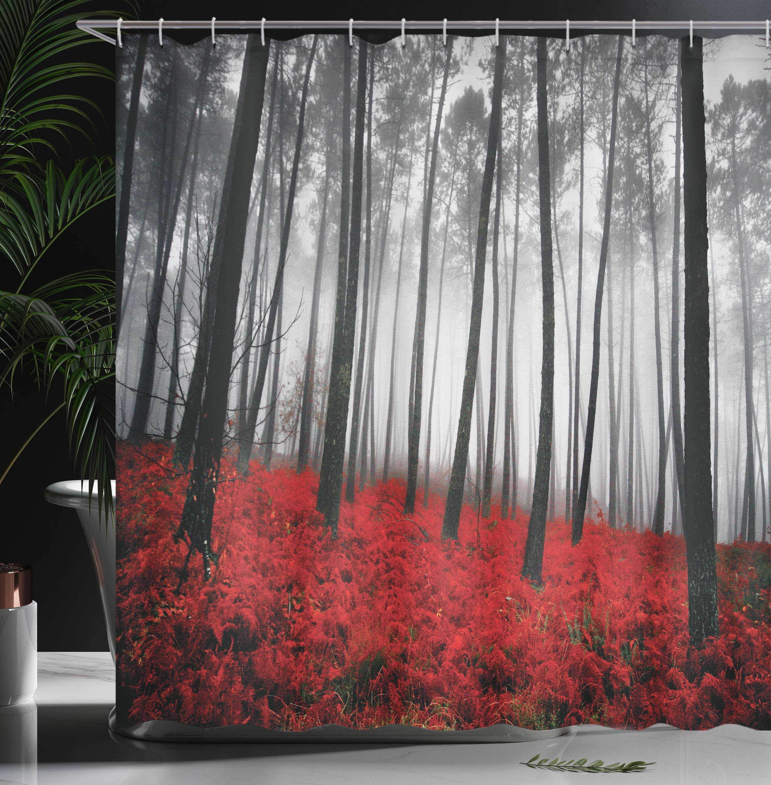 Ambesonne Forest Shower Curtain, Mystical Fantastic Theme Woodland Fog Trees Bushes Contrast Colors Art Photography, Cloth Fabri