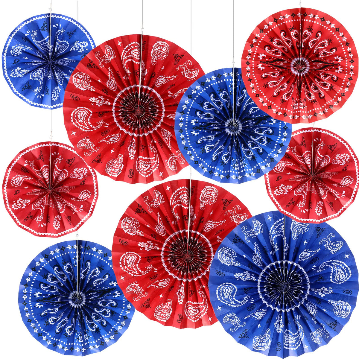 Outus 9 Pcs Bandana Hanging Paper Fans Decorations Wild West Paper Fans Classroom Decorations Western Themed Ceiling Wall Garlan
