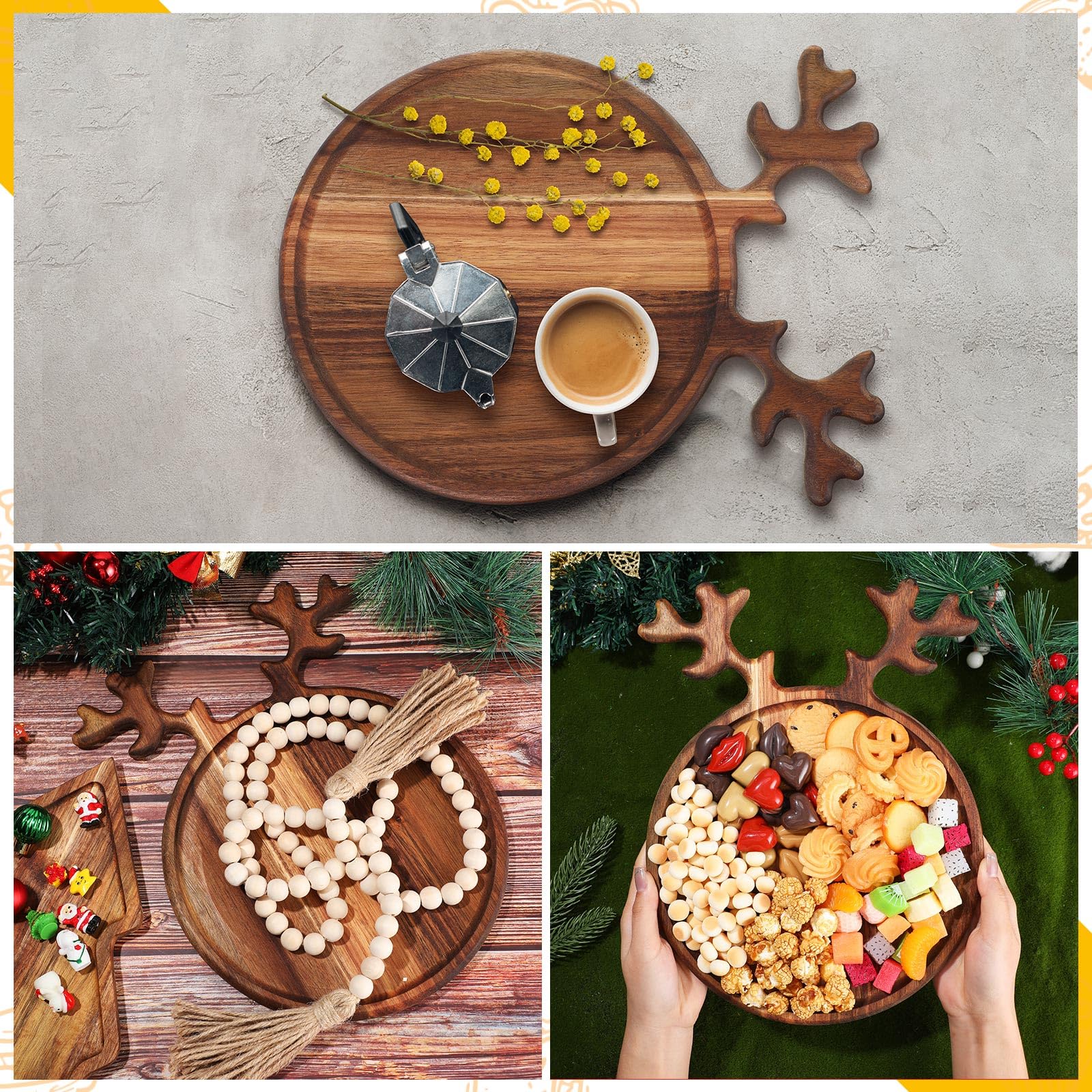 Umigy 2 Pcs Christmas Charcuterie Boards Christmas Tree Wooden Cutting Board with Handle Antler Acacia Wood Cute Cutting Board f