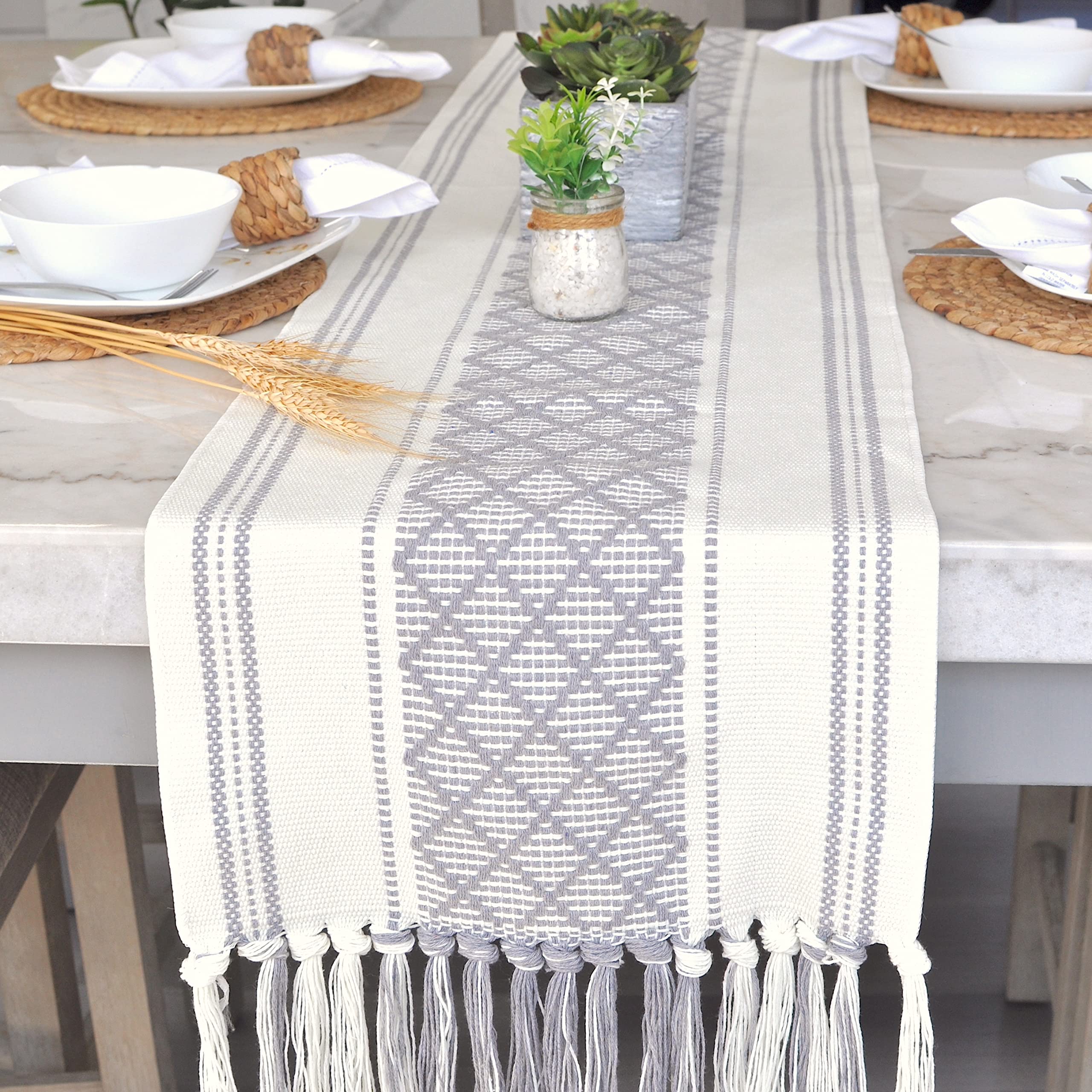 Oveesha Long Dining Table Runner With Tassels 14 X 90 Inches, Gray & Off White/Woven Washable Console Table Cover/Boho Dresser S