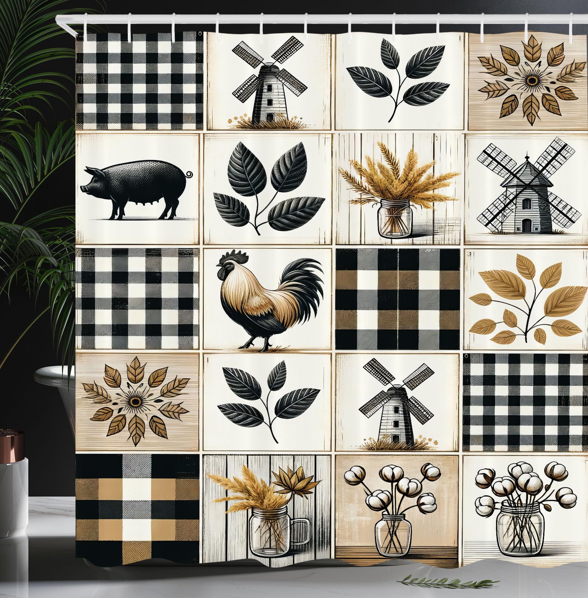 Ambesonne Farmhouse Shower Curtain, Cottagecore Themed Squares Checkered Leaves Rooster Pig Windmill, Cloth Fabric Bathroom Deco