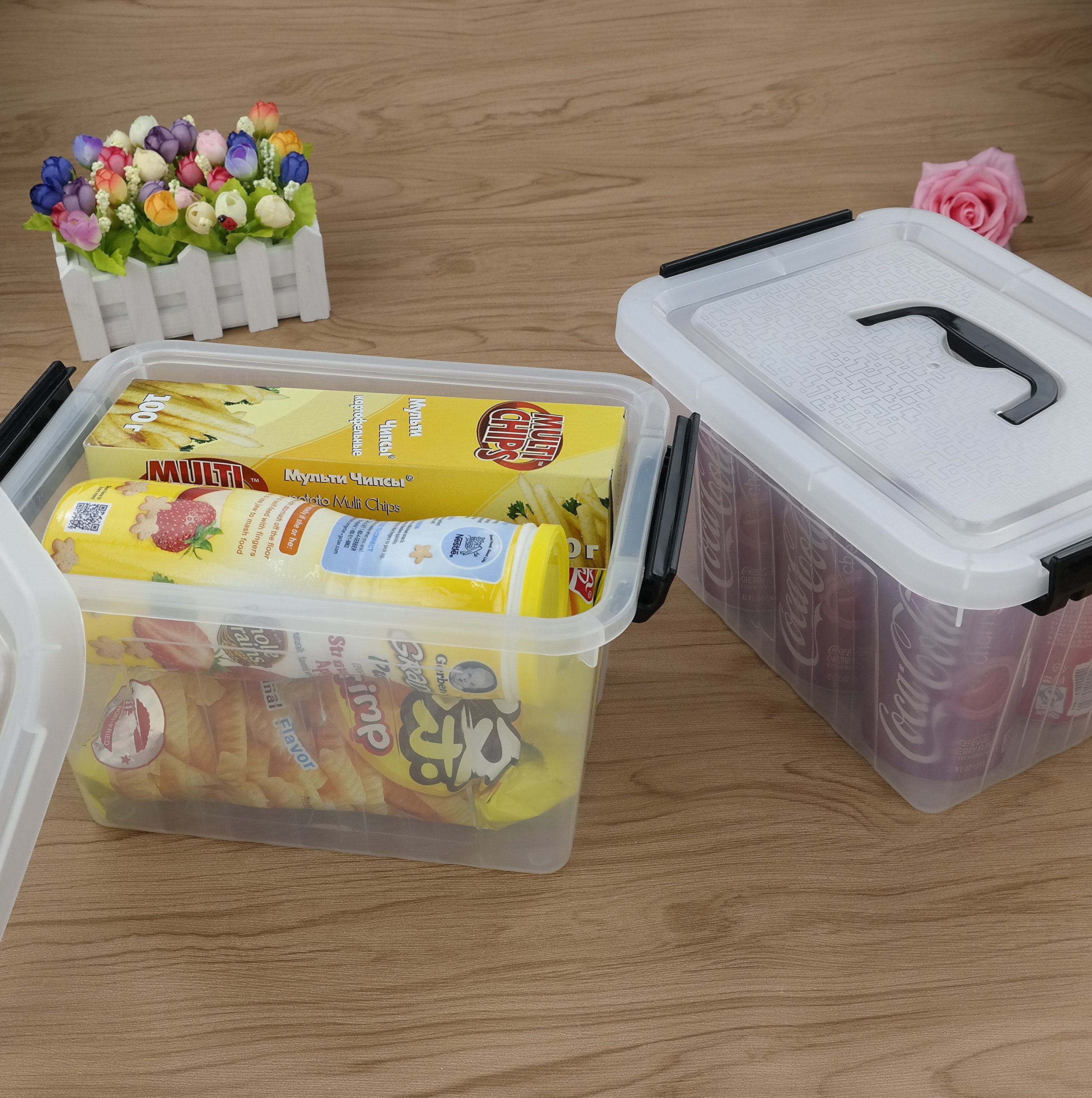 Kekow 6 L Clear Storage Box, Plastic Storage Latch Box With Black Handle, 4-Pack