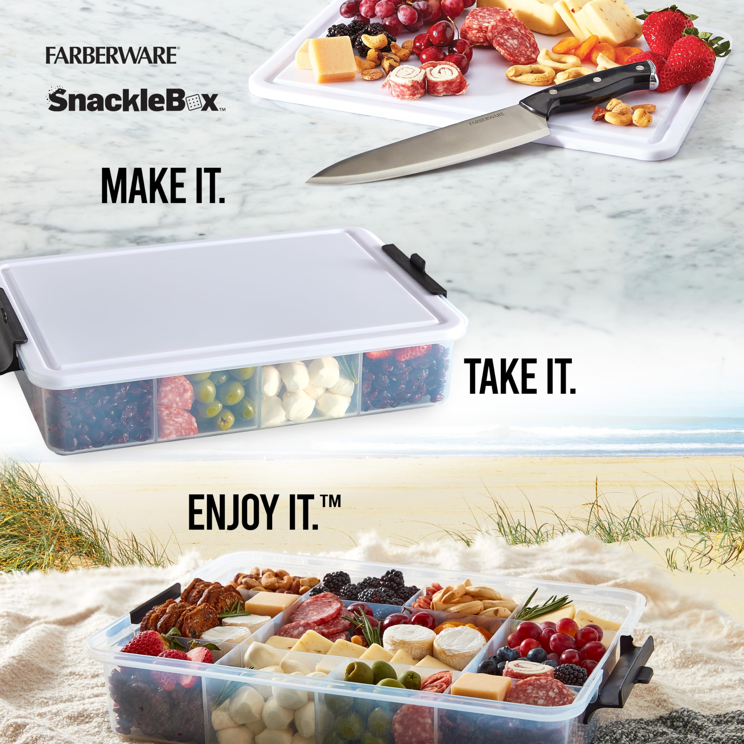 Farberware Large Snacklebox Serving Tray with Locking Lid, 11 Compartments, White, Model 5314753