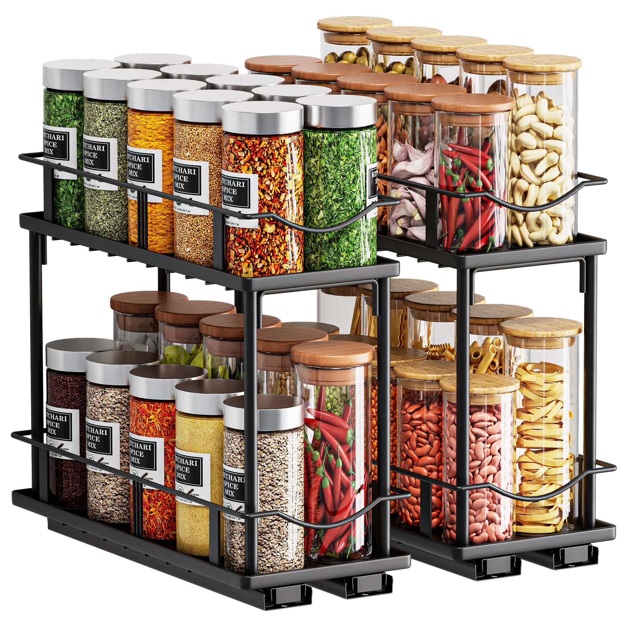 Bunoxea Pull Out Spice Rack 2 Pack,Slide Out Cabinet Spice Rack,Black