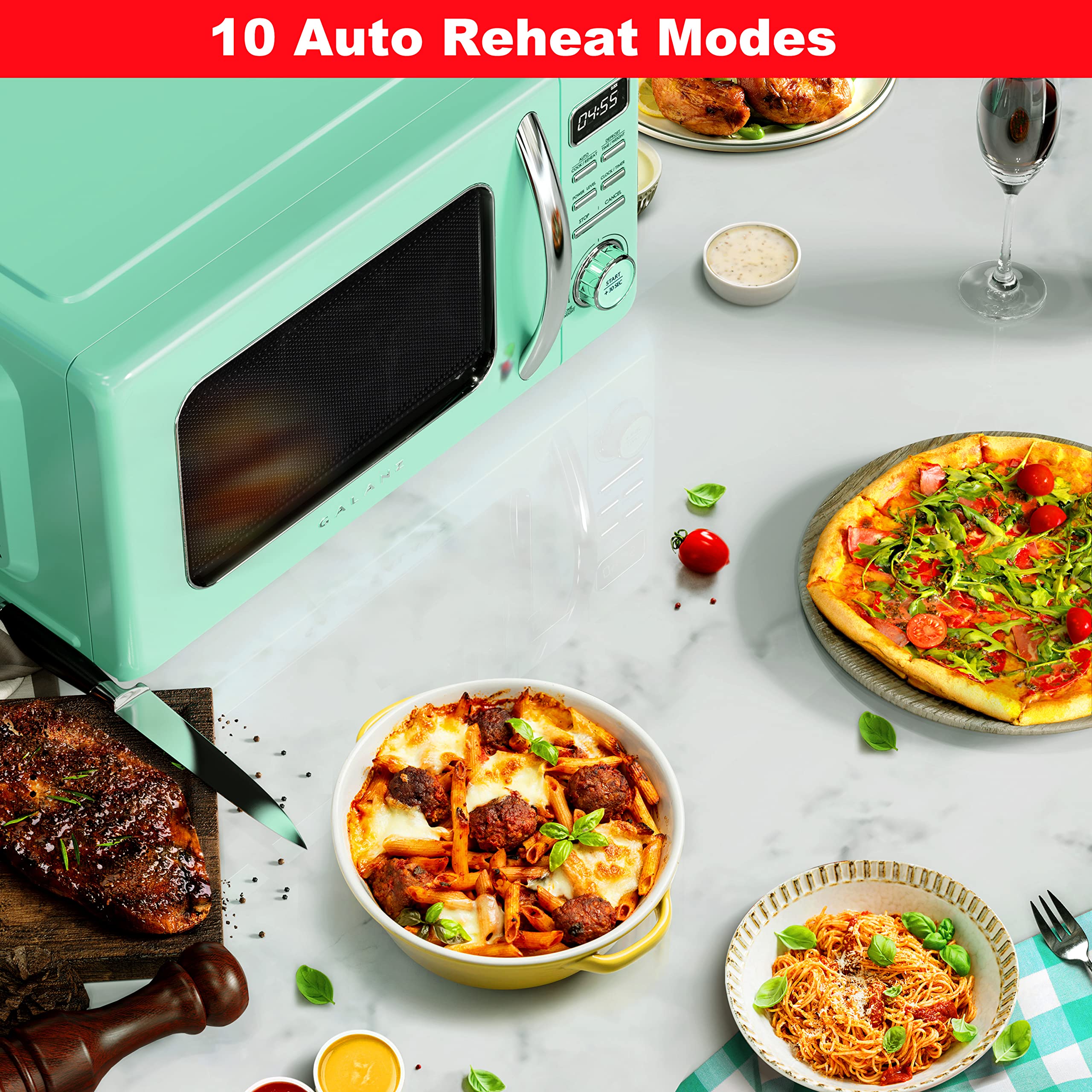 Galanz GLCMKZ11GNR10 Retro Countertop Microwave Oven with Auto Cook & Reheat, Defrost, Quick Start Functions, Easy Clean with Gl