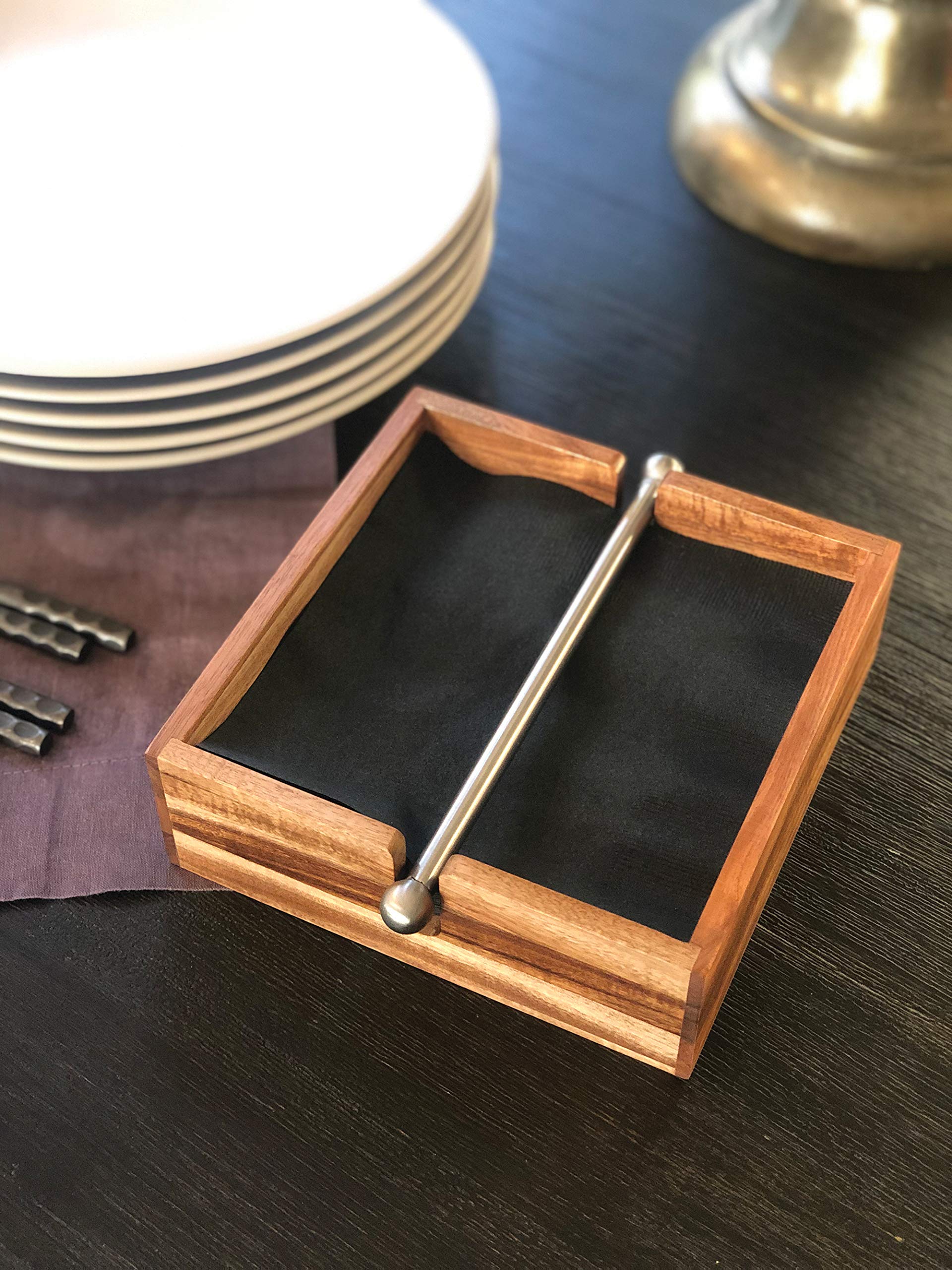 Ironwood Gourmet Acacia Wood Napkin Holder With Weighted Stainless Steel Center Bar, 6.25-Inches, Brown